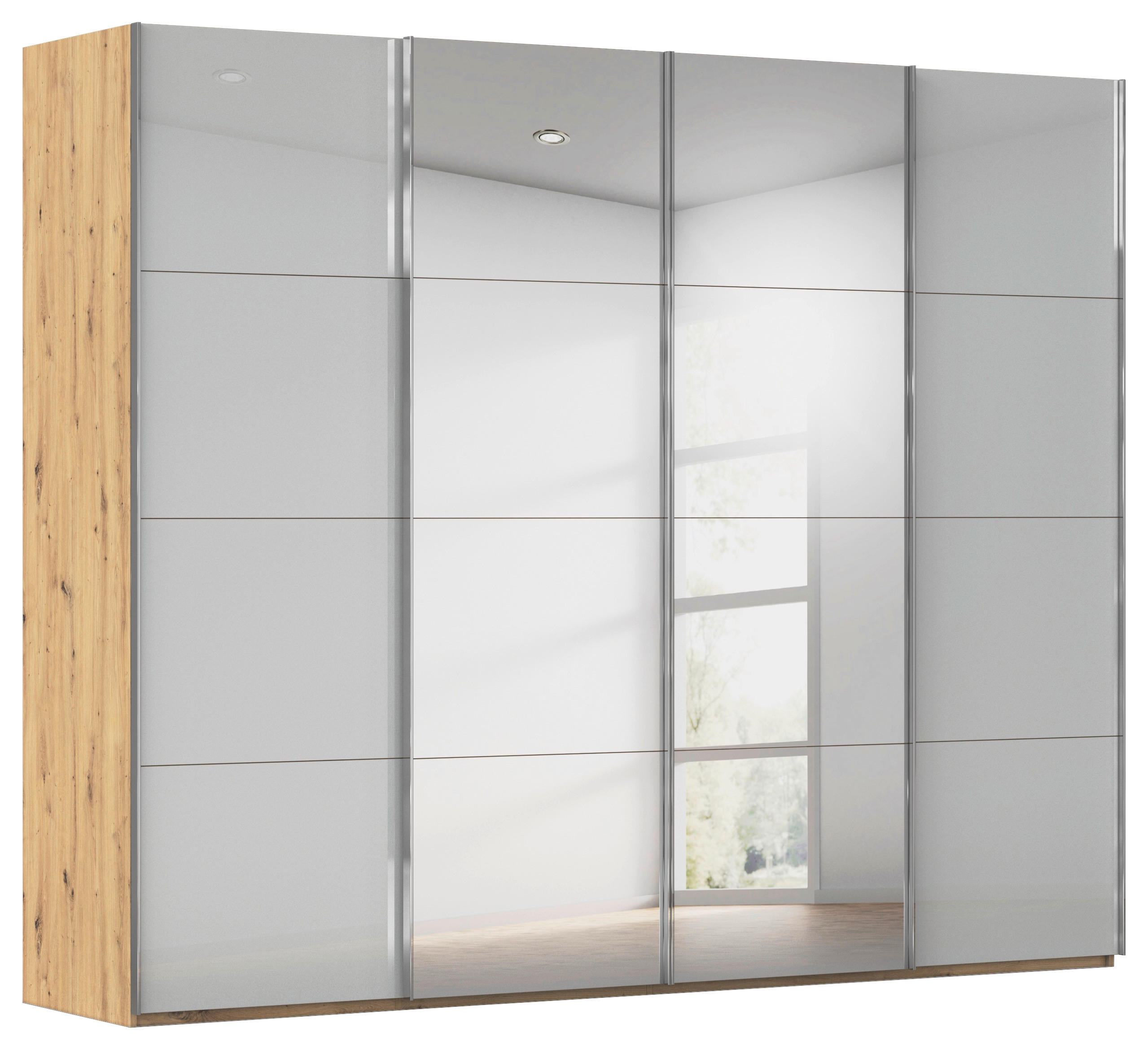 SCHWEBETÜRENSCHRANK Eiche Artisan, Seidengrau  - Chromfarben/Seidengrau, Design, Glas/Holzwerkstoff (271/223/68cm) - Novel