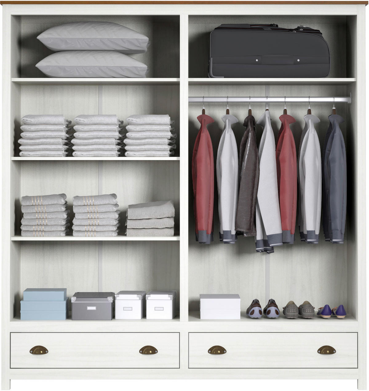 DREHTÜRENSCHRANK 176/185/54 cm,  in Weiß, 4-türig  - Messingfarben/Weiß, Natur, Holz/Metall (176/185/54cm) - Livetastic