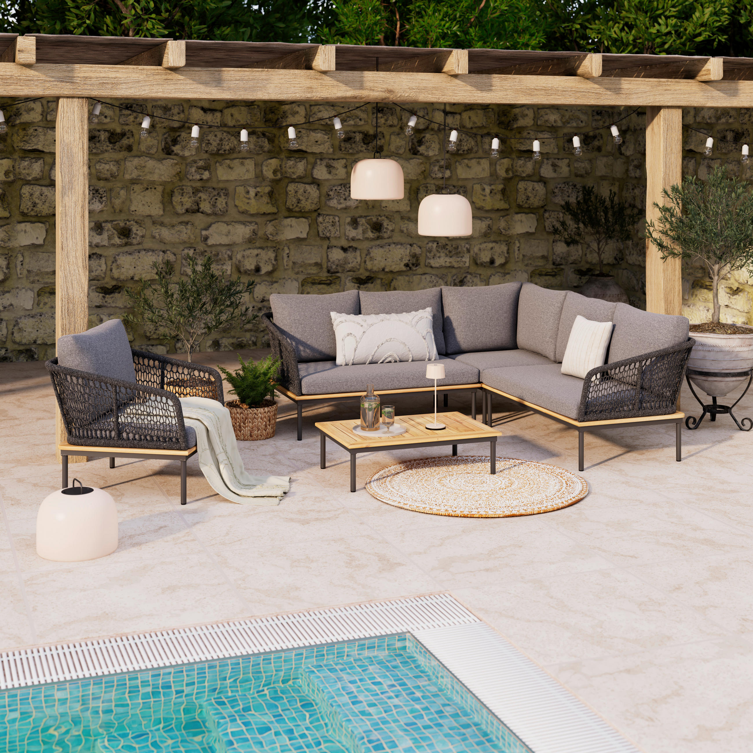 Thumbnail - Ambia Garden Gartenset, Anthrazit, Grau, Teak, Holz, Metall, Textil, 5-teilig, Akazie, massiv, Füllung: Schaumstoff,Poly...