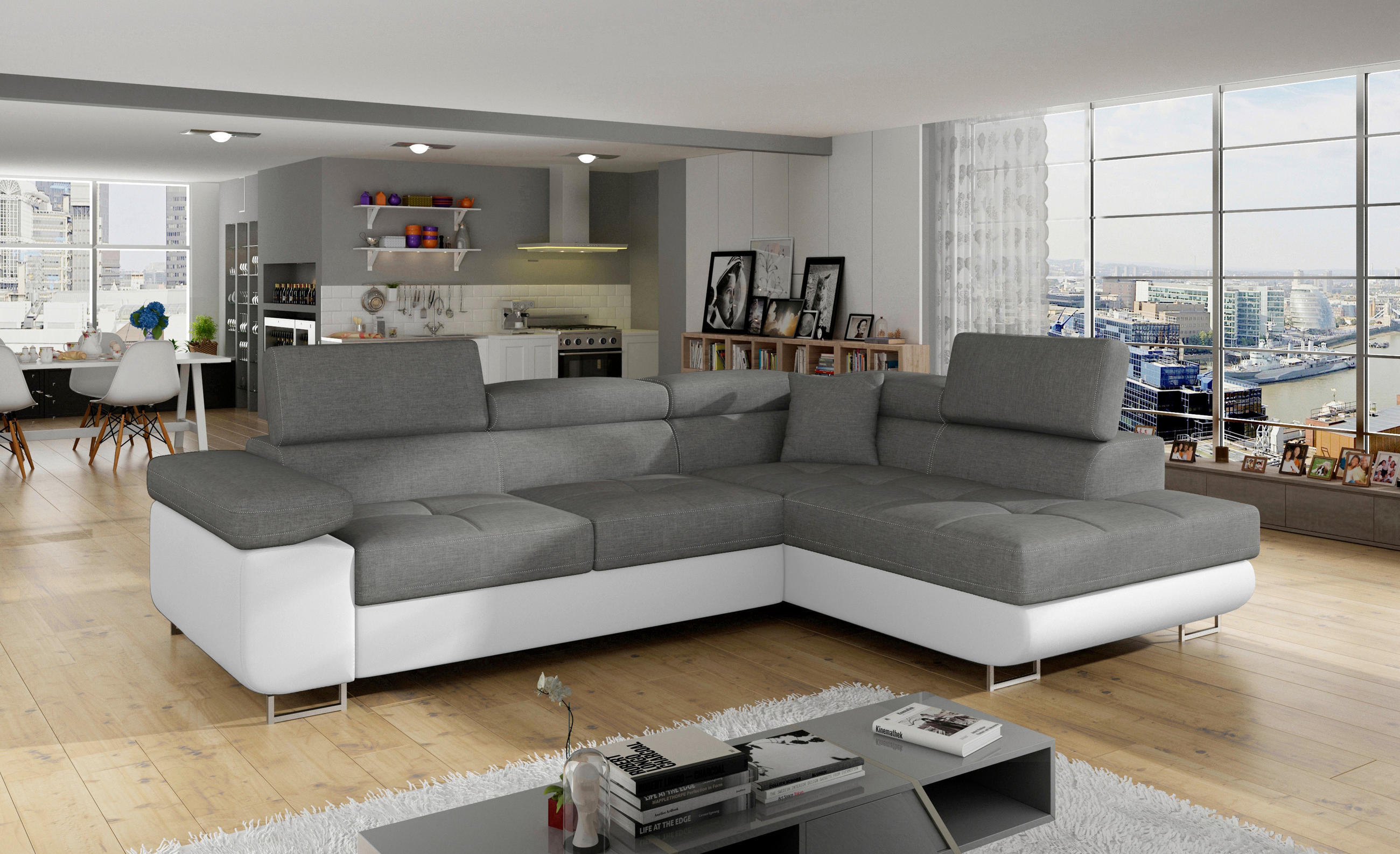 ECKSOFA in Textilgeflecht Grau, Weiß  272/203 cm  - Chromfarben/Weiß, Design, Textil/Metall (272/203cm) - MID.YOU