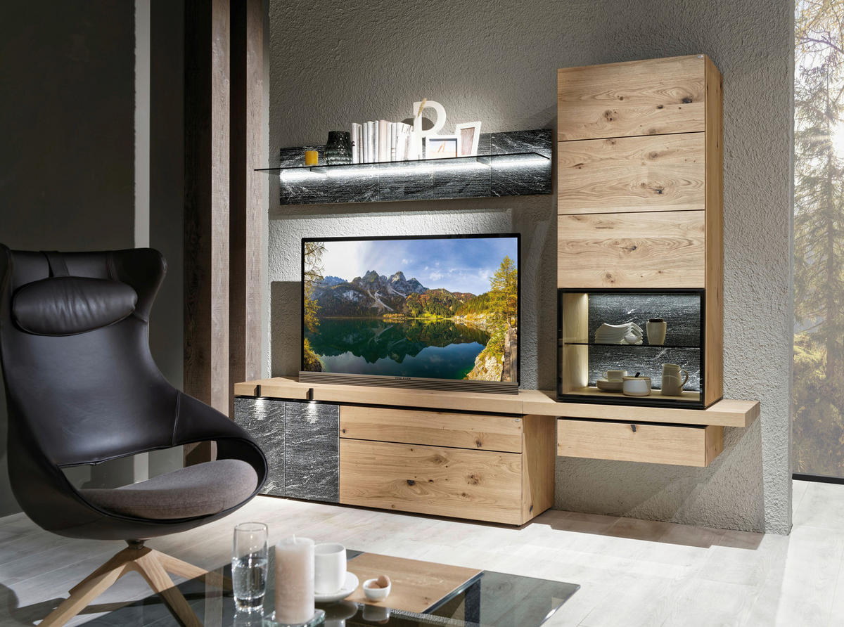 WOHNWAND  in Graphitfarben, Eichefarben  256/203/43 cm  - Eichefarben/Graphitfarben, Design, Glas/Holz (256/203/43cm) - Voglauer