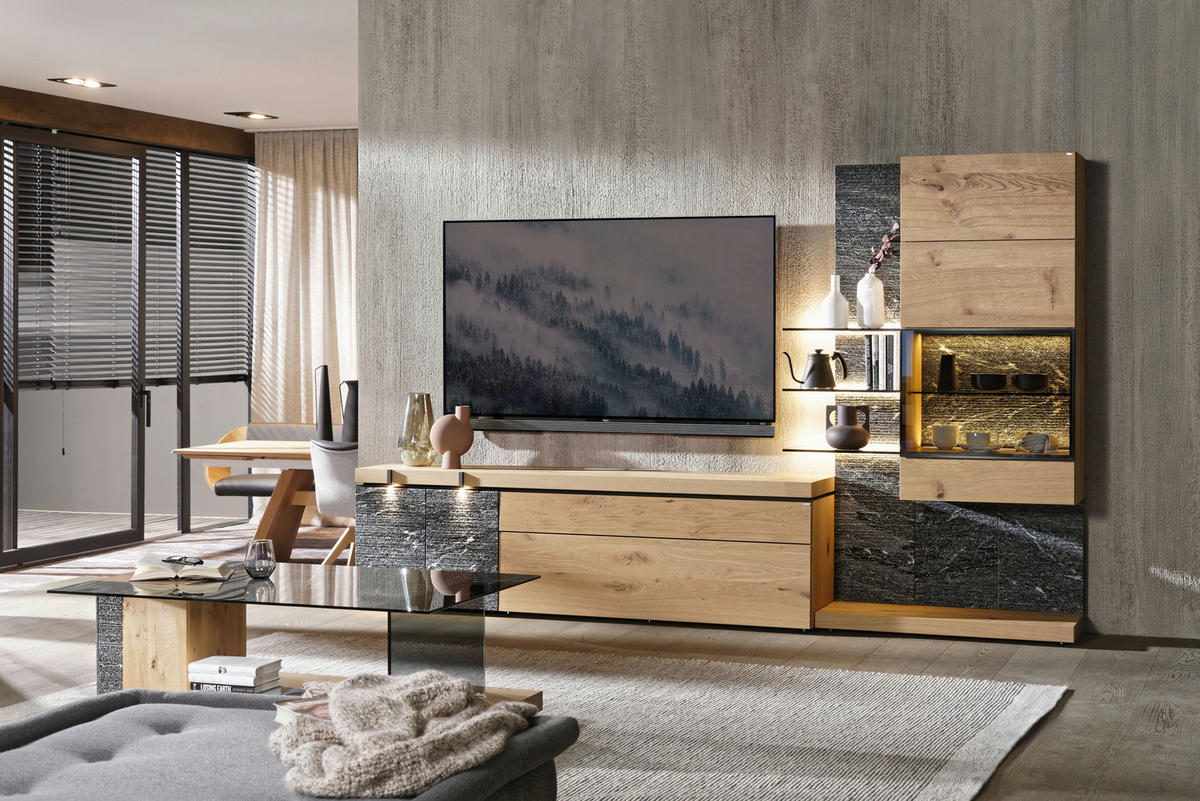 WOHNWAND  Graphitfarben, Eichefarben 288/180/43 cm  - Eichefarben/Graphitfarben, Design, Glas/Holz (288/180/43cm) - Voglauer