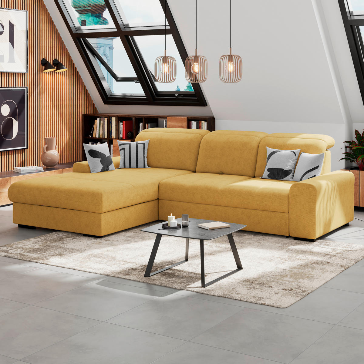 ECKSOFA Gelb Chenille Rücken echt, Kopfteilverstellung  - Gelb/Schwarz, KONVENTIONELL, Holz/Textil (203/286cm) - MID.YOU