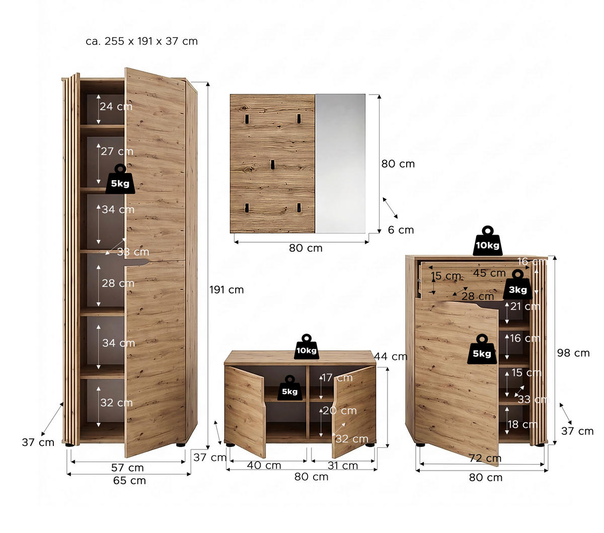 GARDEROBE 4-teilig  in 255/191/37 cm  - Eiche Artisan, Design, Holzwerkstoff (255/191/37cm) - MID.YOU