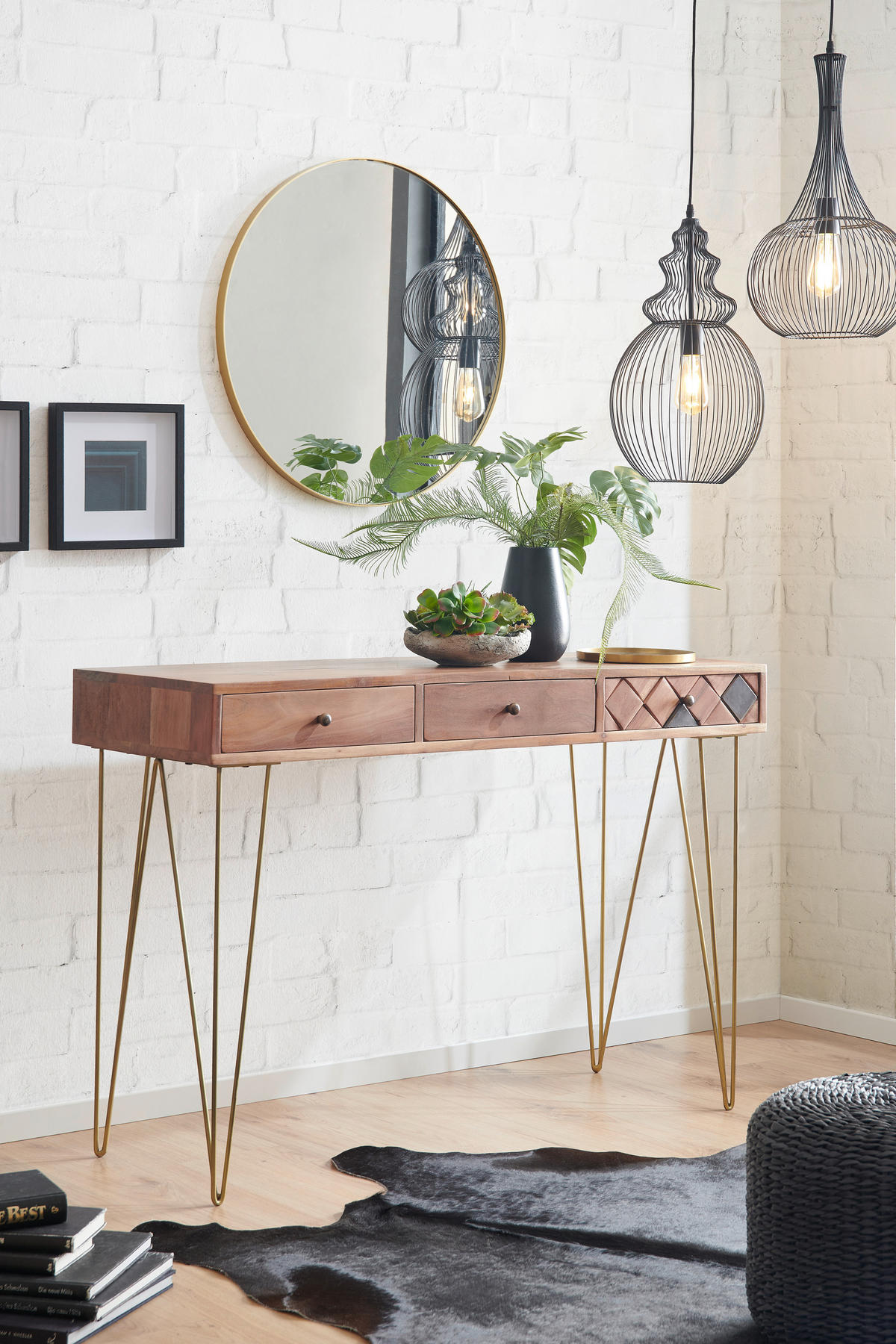 KONZOLOVÝ STOLÍK, akácia, farba akácie, 115/42/78 cm - farba akácie/bronzová, Trend, kov/drevo (115/42/78cm) - Ambia Home