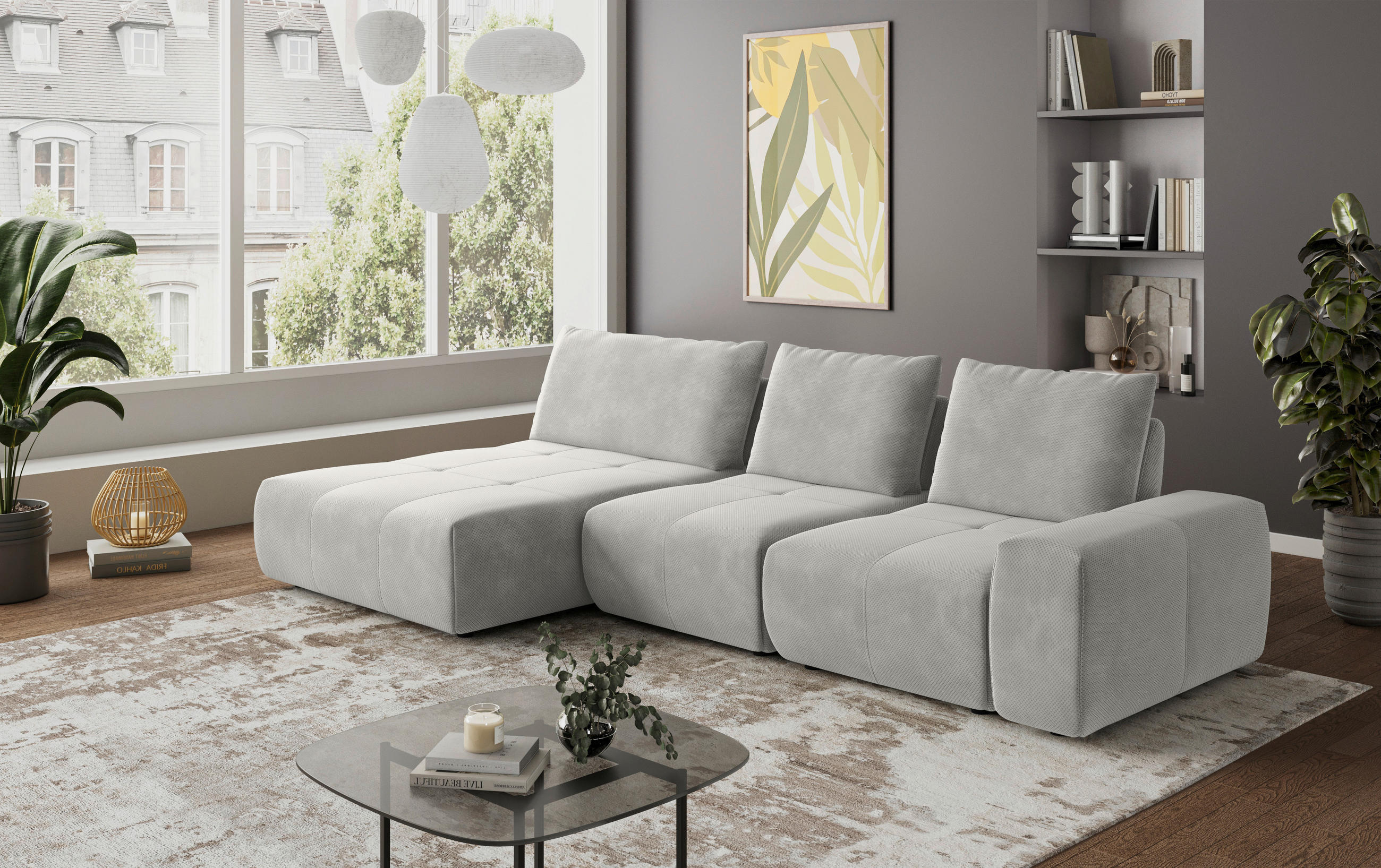 ECKSOFA in Velours Greige  - Greige/Schwarz, Design, Kunststoff/Textil (174/347cm) - Xora