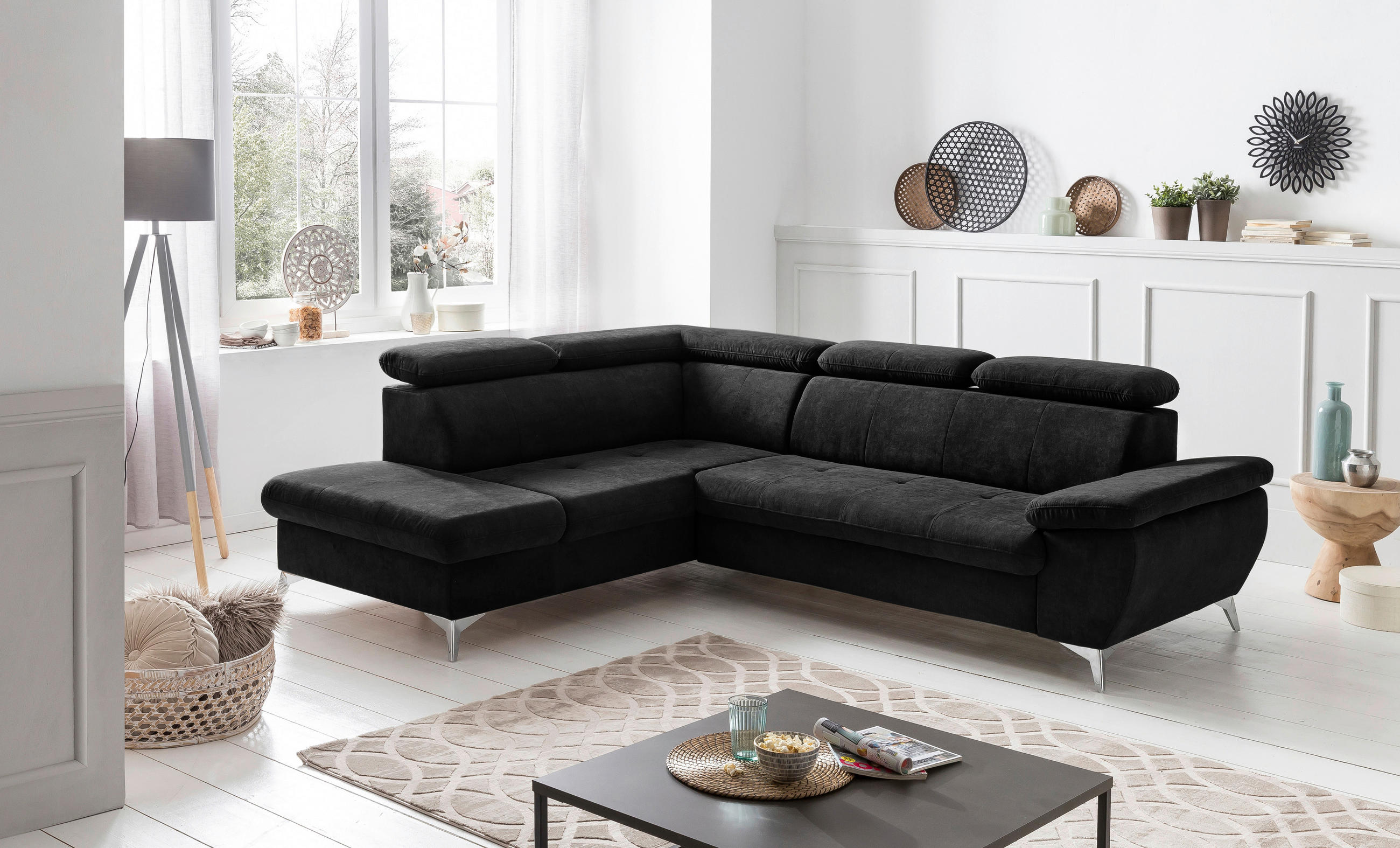 ECKSOFA Schwarz Mikrofaser  - Chromfarben/Schwarz, KONVENTIONELL, Textil/Metall (209/256cm) - Livetastic