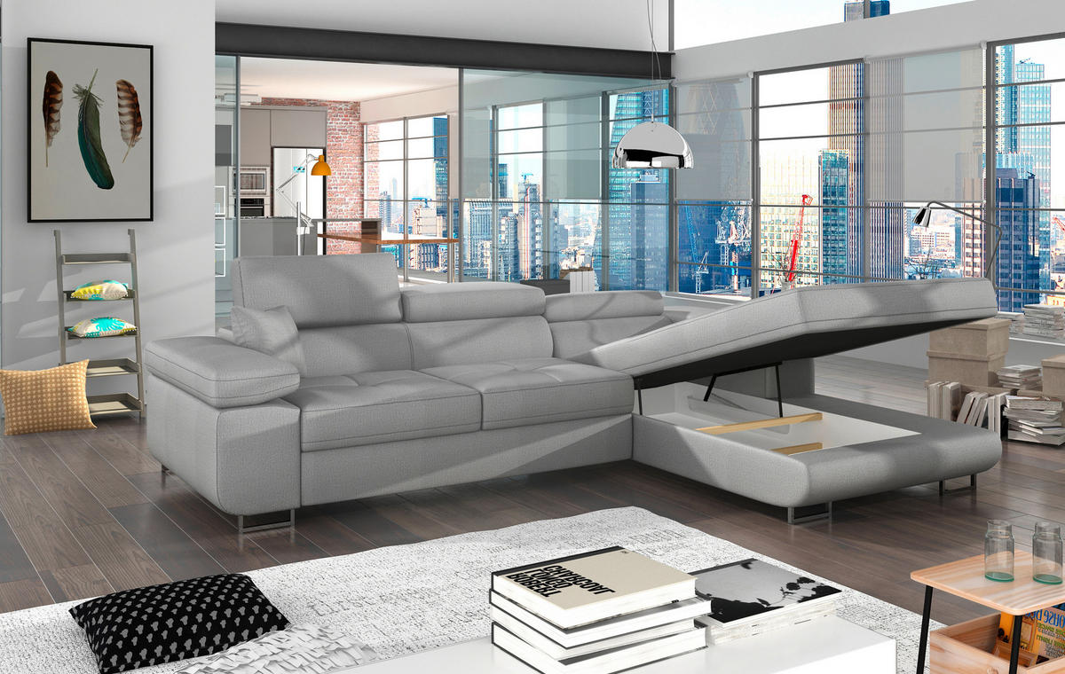 ECKSOFA in Samt Hellgrau  289/203 cm  - Chromfarben/Hellgrau, Design, Textil/Metall (289/203cm) - MID.YOU