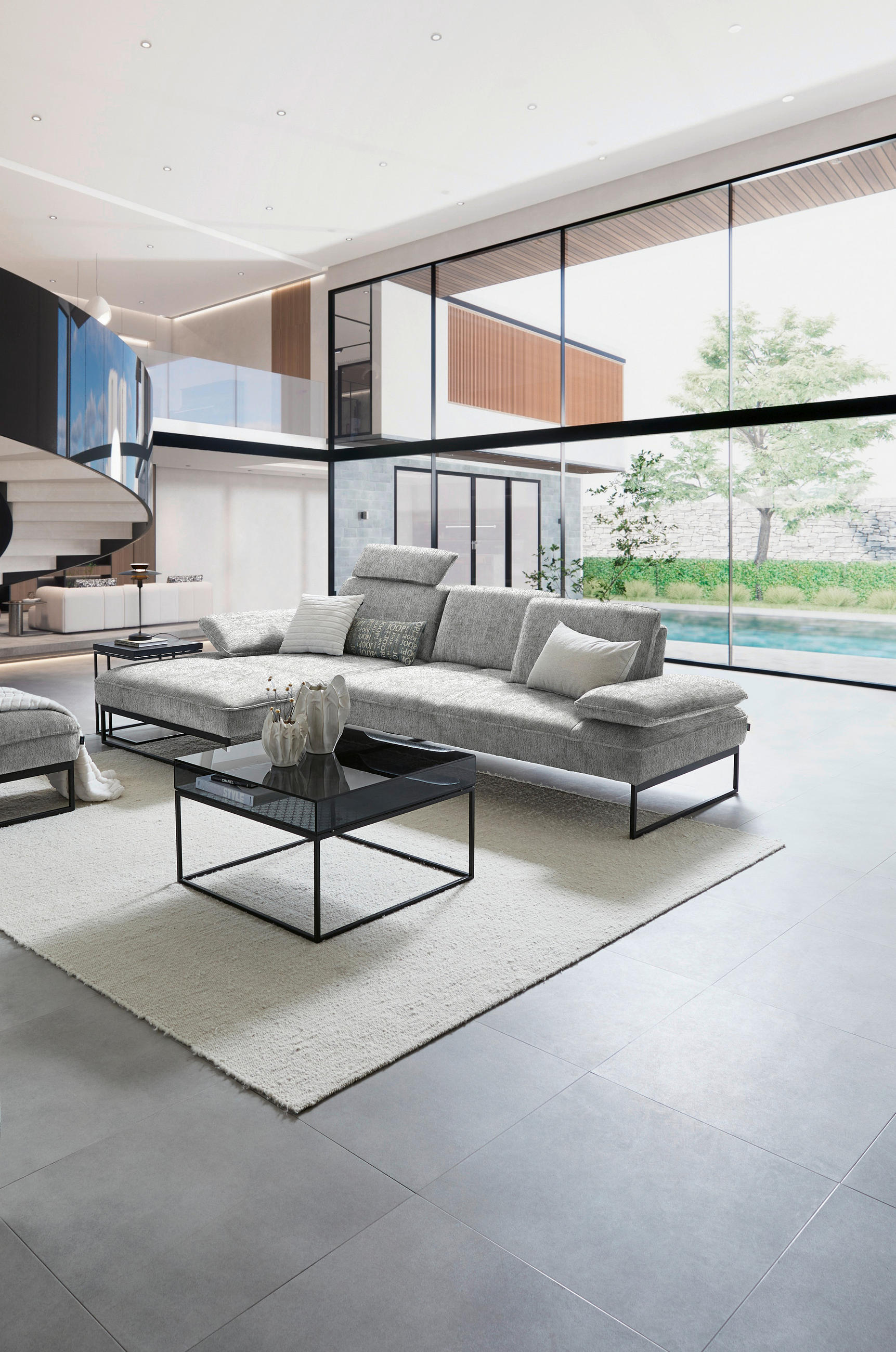 ECKSOFA in Chenille Hellgrau  - Anthrazit/Hellgrau, Design, Textil/Metall (160/310cm) - Joop!