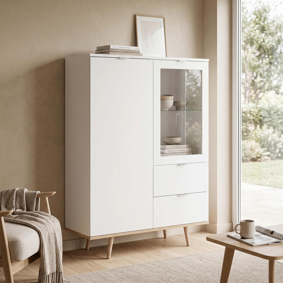 VISOKA KOMODA   100/140/40 cm   bijela, boje hrasta  - bijela/boje hrasta, Konvencionalno, staklo/drvni materijal (100/140/40cm) - MID.YOU