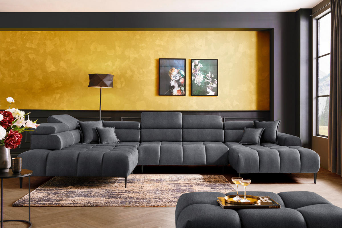 WOHNLANDSCHAFT  in Samt, Webstoff Grau  - Schwarz/Grau, Design, Textil/Metall (216/385/177cm) - Welnova