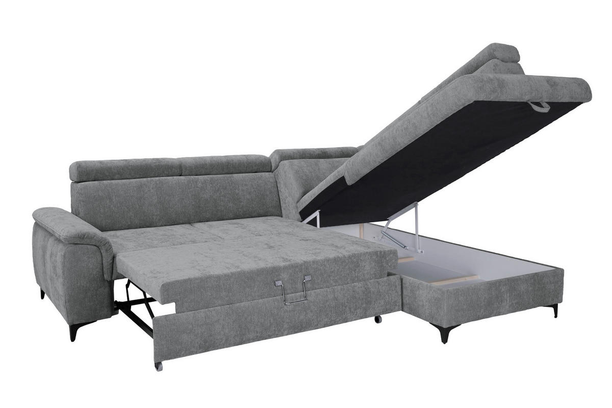 ECKSOFA Dunkelgrau Chenille Bettkasten, Schlaffunktion, Rücken echt, Kopfteilverstellung, Liegefläche im Originalstoff  - Dunkelgrau/Schwarz, KONVENTIONELL, Textil/Metall (265/206cm) - Carryhome