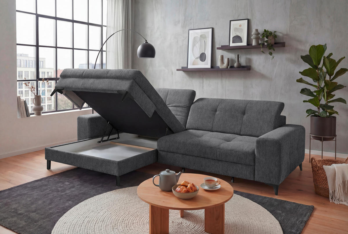 ECKSOFA SORELLA Anthrazit Mikrovelours Kopfteilverstellung, Sitztiefenverstellung  - Anthrazit/Schwarz, Design, Kunststoff/Textil (182/328cm) - MID.YOU