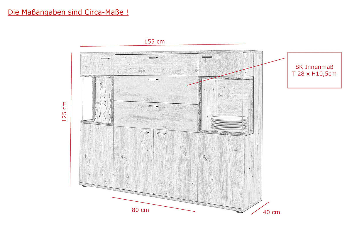HIGHBOARD  in 155/125/40 cm  - Schwarz/Eiche Artisan, MODERN, Glas/Holzwerkstoff (155/125/40cm) - MID.YOU