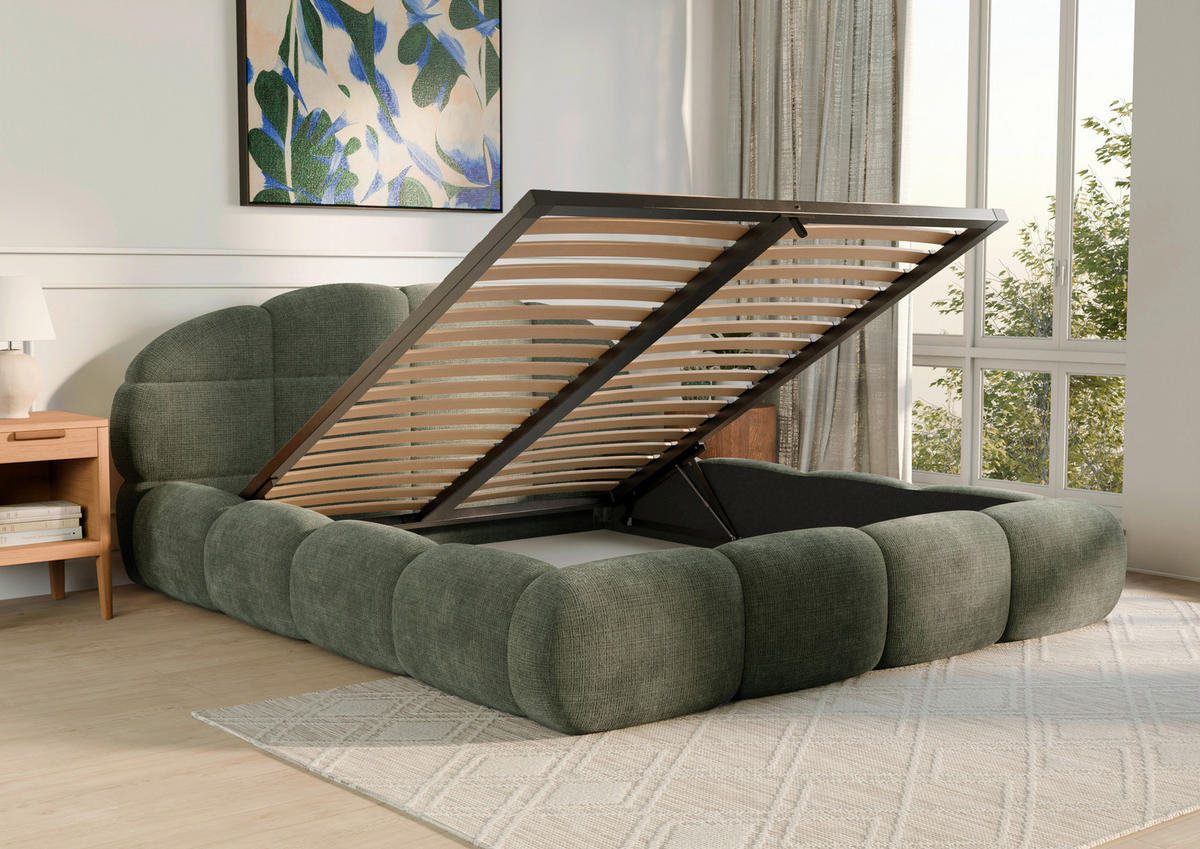 POLSTERBETT 180/200 cm,  in Grün, gepolstertes Kopfteil, Lattenrost, Bettkasten,  - Schwarz/Grün, Design, Holz/Textil (180/200cm) - Chameo