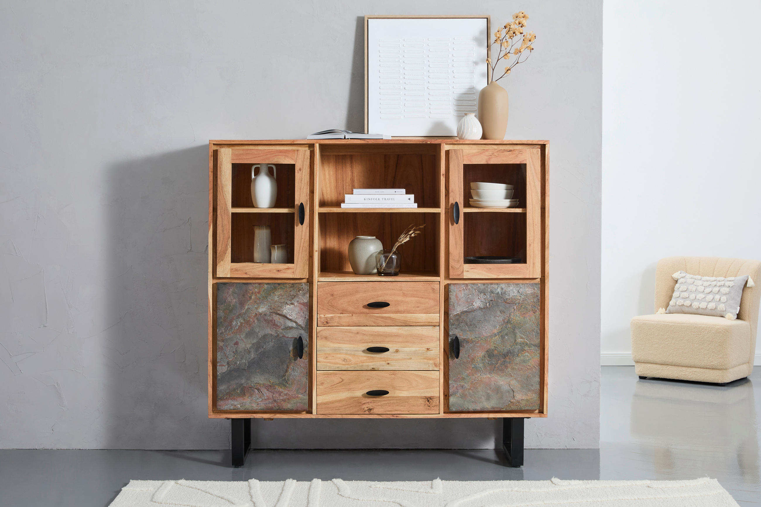 Tallinn Highboard Bissau  in 140/135/40 cm  - Goldfarben/Naturfarben, Natur, Glas/Holz (140/135/40cm) - Livetastic