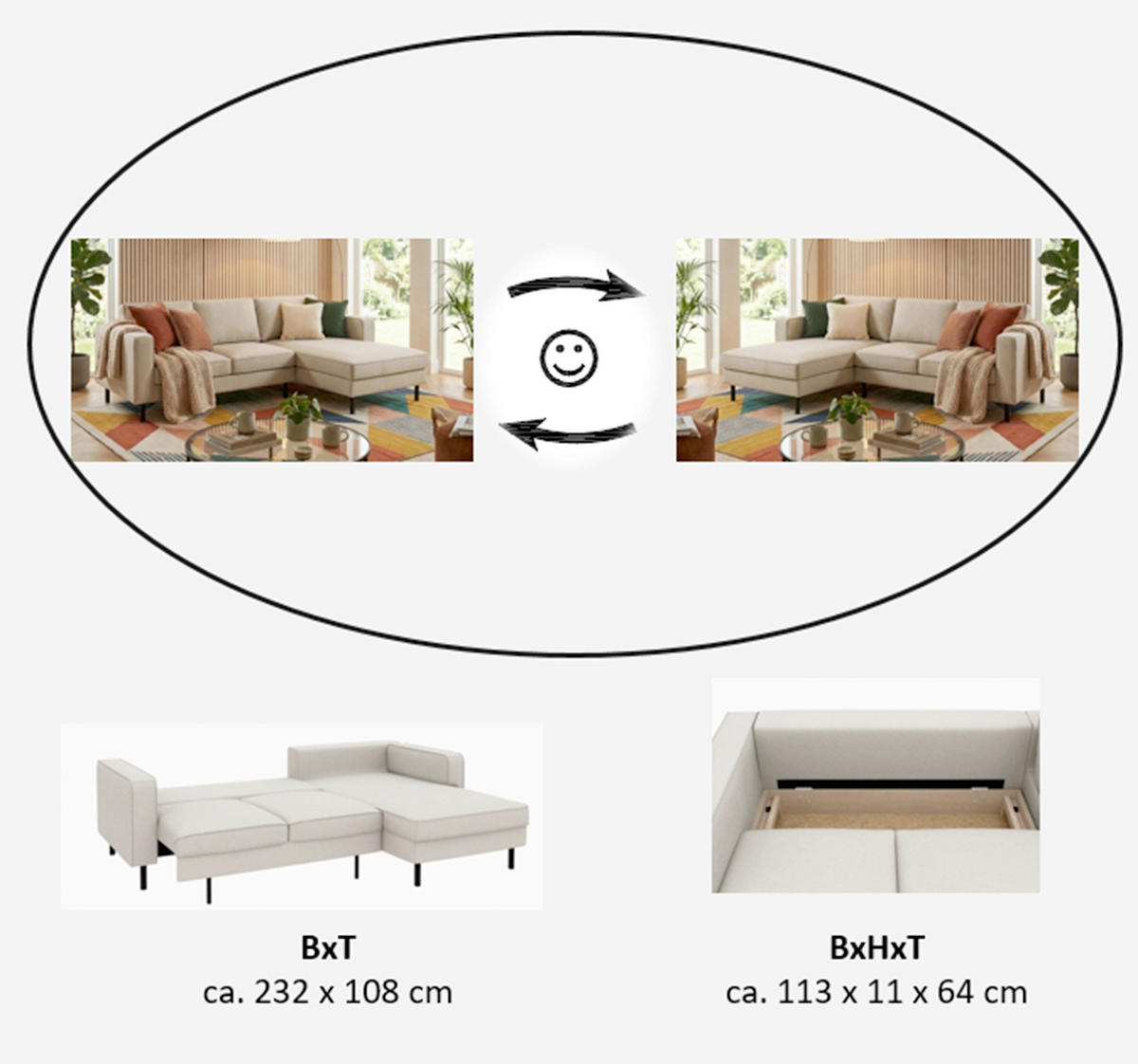 ECKSCHLAFSOFA Struktur Sandfarben  - Sandfarben/Schwarz, Modern, Textil/Metall (232/161cm) - Trendmanufaktur