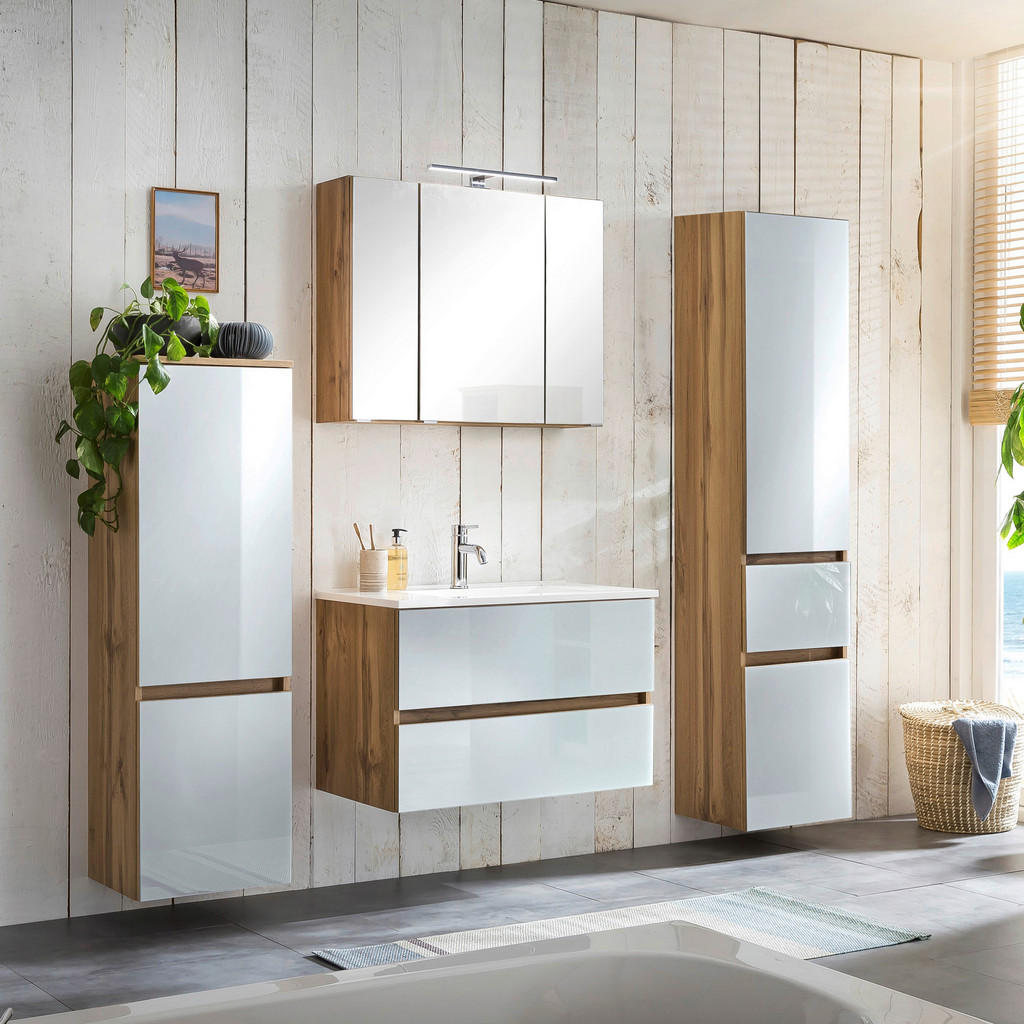 Badmöbel-set 4-tlg. Inkl. Led Helsinki, Weiß/eiche