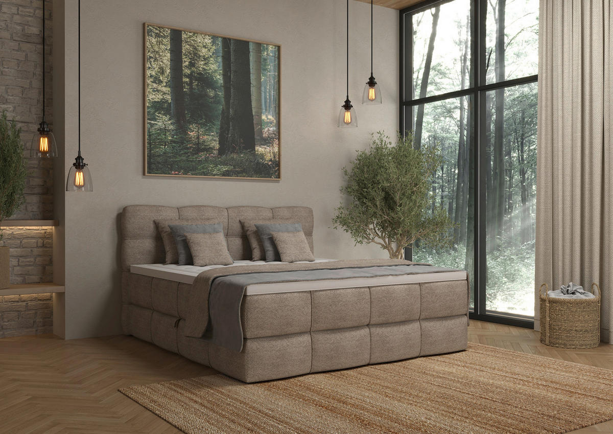 BOXSPRINGBETT 160/200 cm,  in Sandfarben, gepolstertes Kopfteil, Bettkasten, Topper, Matratzen, H3 + H3 = fest  - Sandfarben/Schwarz, Design, Kunststoff/Textil (160/200cm) - Chameo
