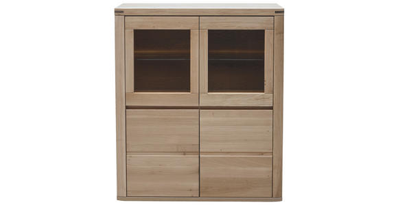 HIGHBOARD Eiche massiv Alteiche Einlegeböden  - Alteiche/Grau, KONVENTIONELL, Glas/Holz (118/140/38cm) - Voleo