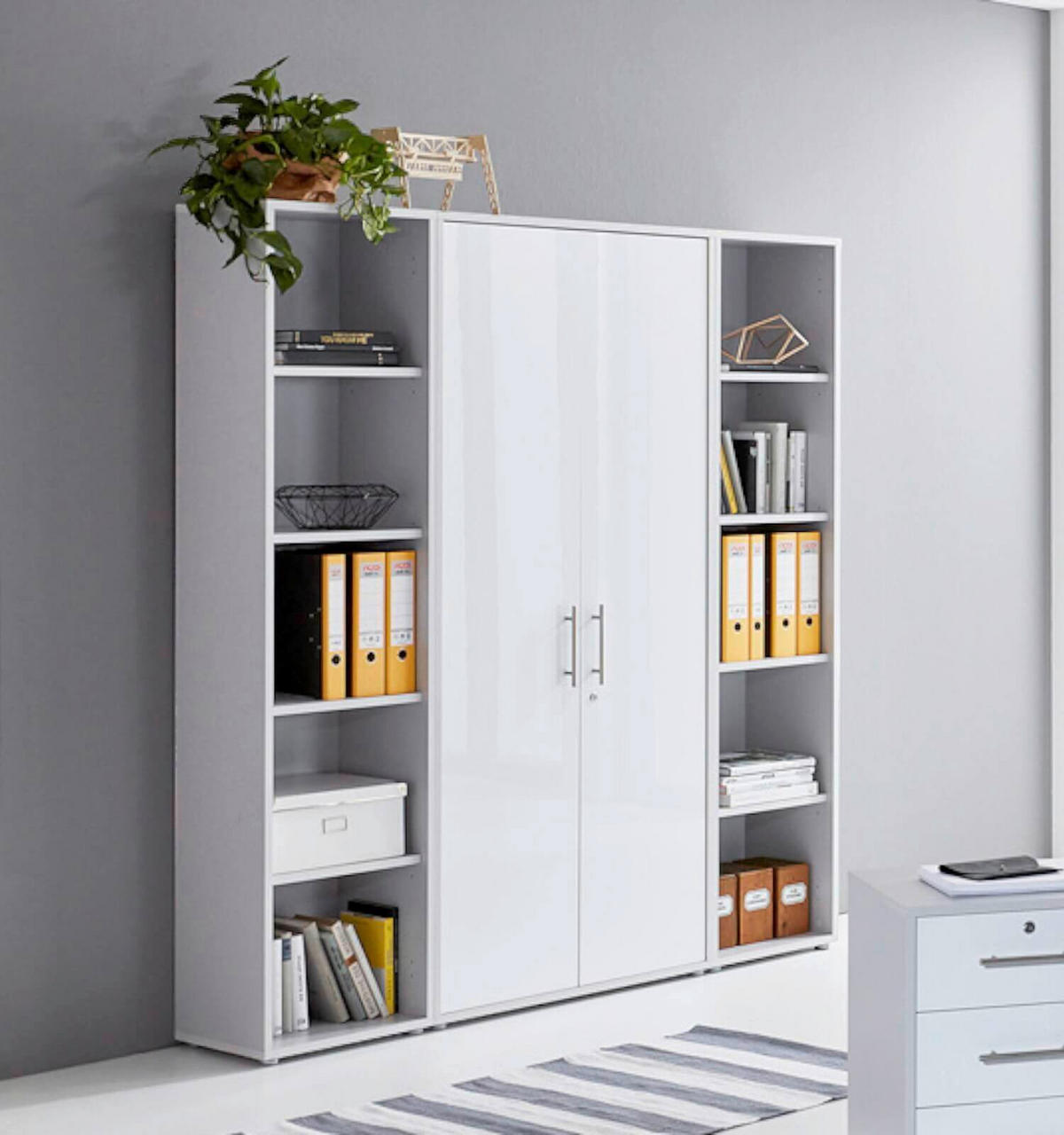 BÜRO erweiterbar, abschließbar Grau, Weiß Hochglanz - Weiß Hochglanz/Grau, MODERN, Holzwerkstoff/Metall - MID.YOU