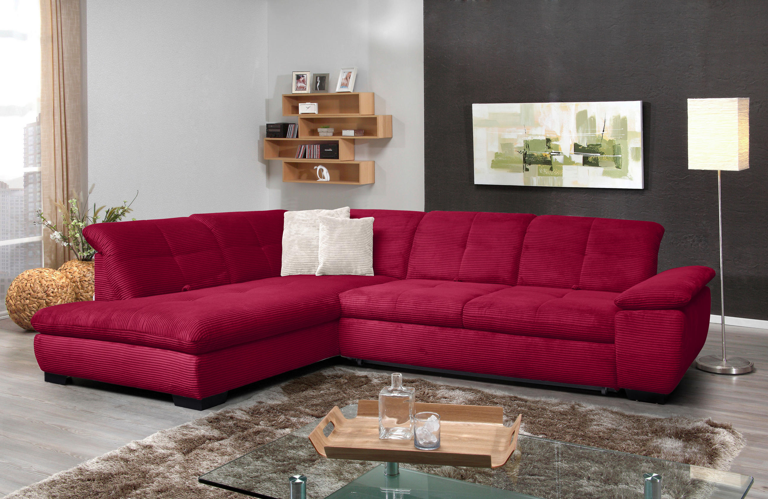 ECKSOFA in Cord Rot  - Rot/Schwarz, Design, Textil/Metall (242/313cm) - Xora