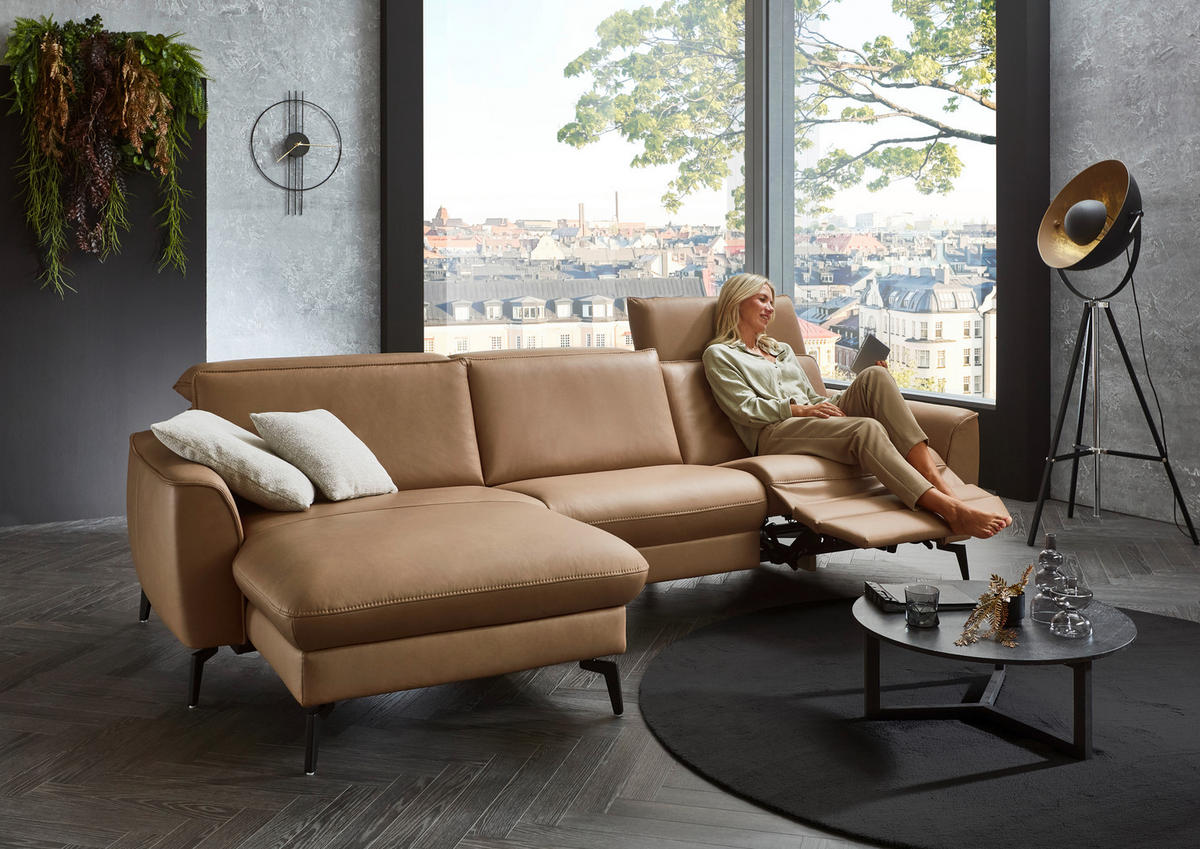 ECKSOFA in Echtleder Haselnussfarben  - Schwarz/Haselnussfarben, Natur, Leder/Metall (168/281cm) - Valdera