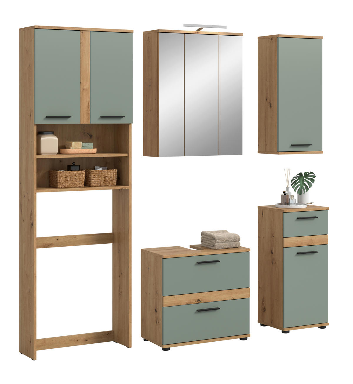 BADEZIMMER 6-teilig  in 188 cm  - Salbeigrün/Schwarz, Trend, Glas/Holzwerkstoff (188cm) - MID.YOU
