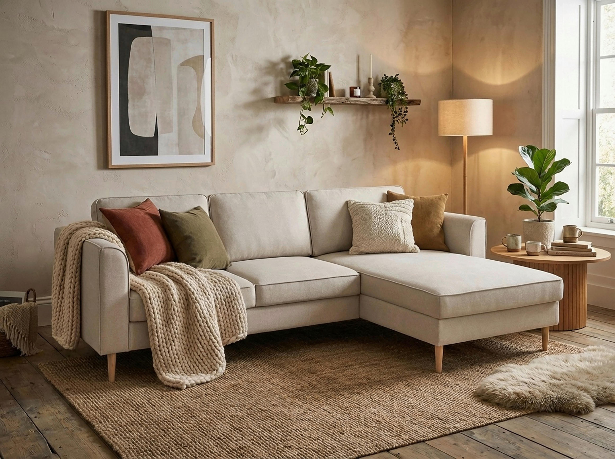 ECKSOFA Sandfarben Struktur Rückenkissen  - Sandfarben/Buchefarben, MODERN, Holz/Textil (232/161cm) - Trendmanufaktur