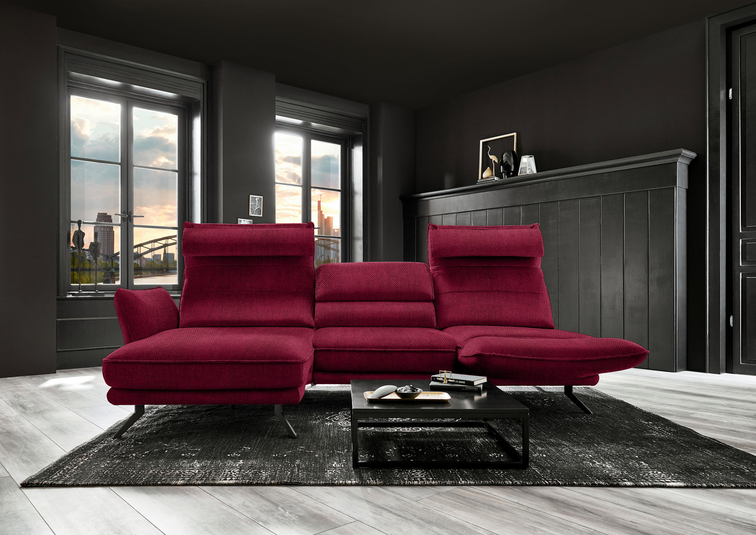ECKSOFA in Velours Rot  - Rot/Schwarz, Design, Textil/Metall (153/283cm) - Valdera