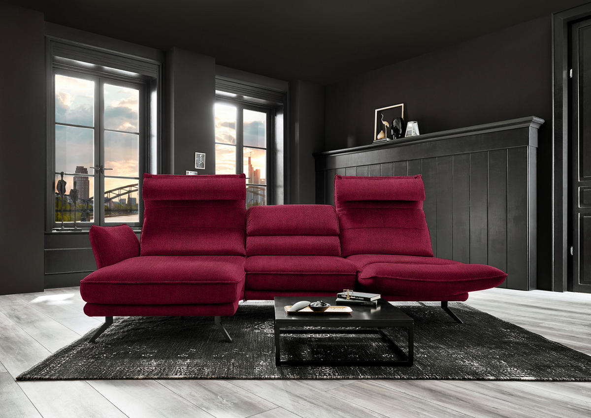 ECKSOFA in Velours Rot  - Rot/Schwarz, Design, Textil/Metall (153/283cm) - Valdera