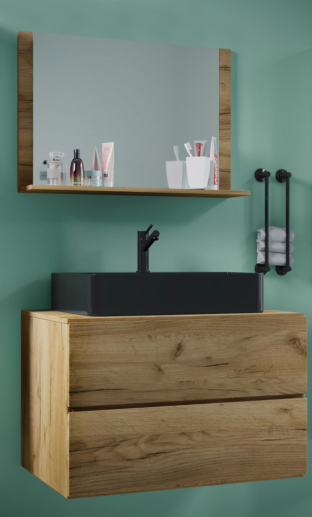 BADEZIMMER 3-teilig  in 81 cm  - Honigeiche/Schwarz, MODERN, Glas/Keramik (81cm) - MID.YOU