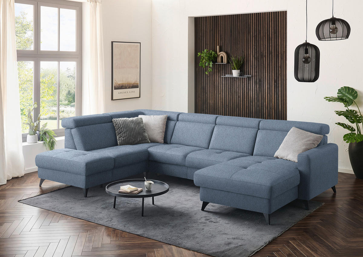 WOHNLANDSCHAFT Flachgewebe Blau  - Blau/Schwarz, Konventionell, Textil/Metall (215/333/174cm) - Beldomo System