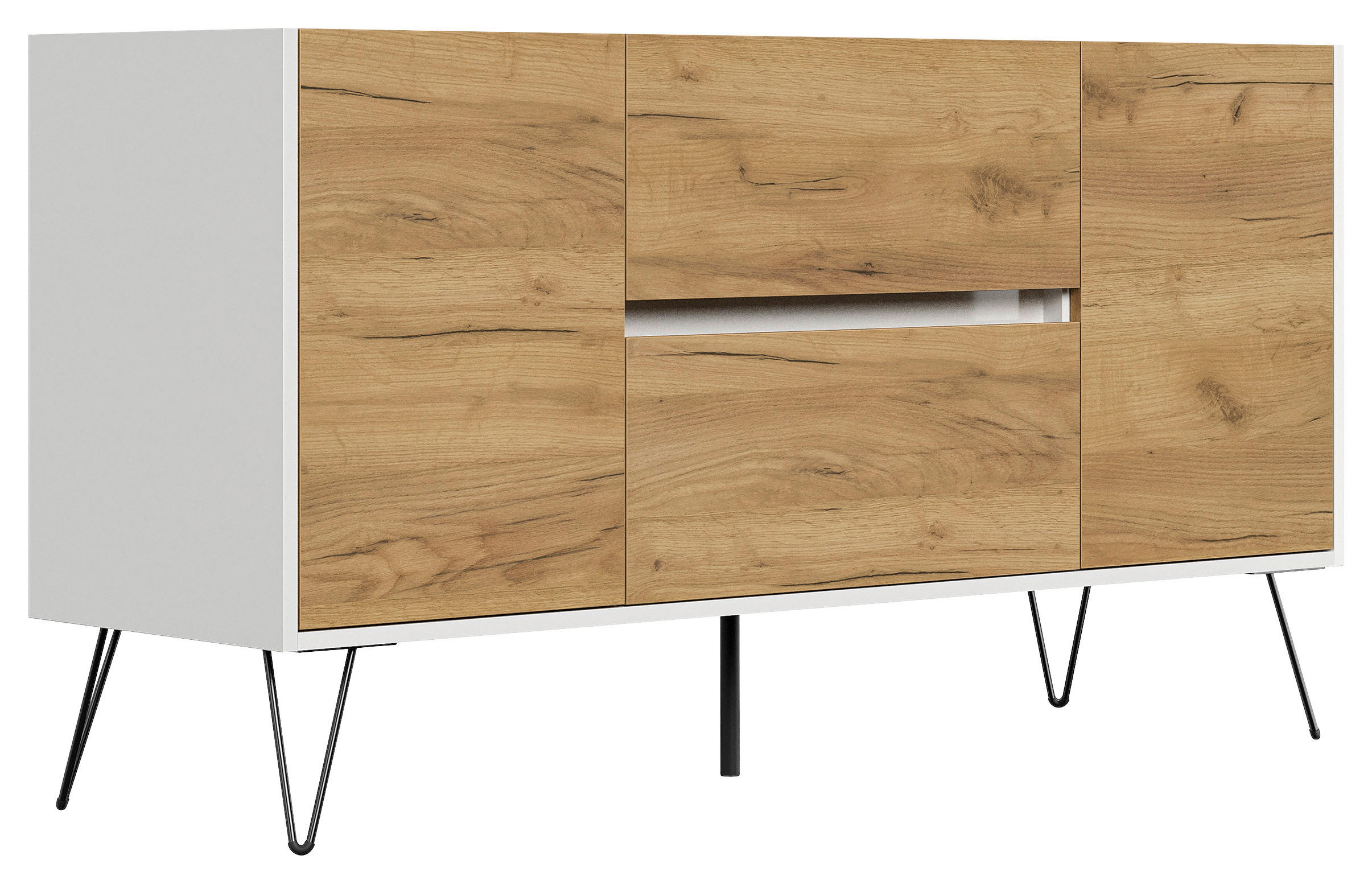 SIDEBOARD Posseik Industrial 139/75,8/42 cm 2 Schublade(n)  - Eichefarben/Weiß Hochglanz, Design, Holzwerkstoff/Metall (139/75,8/42cm) - MID.YOU