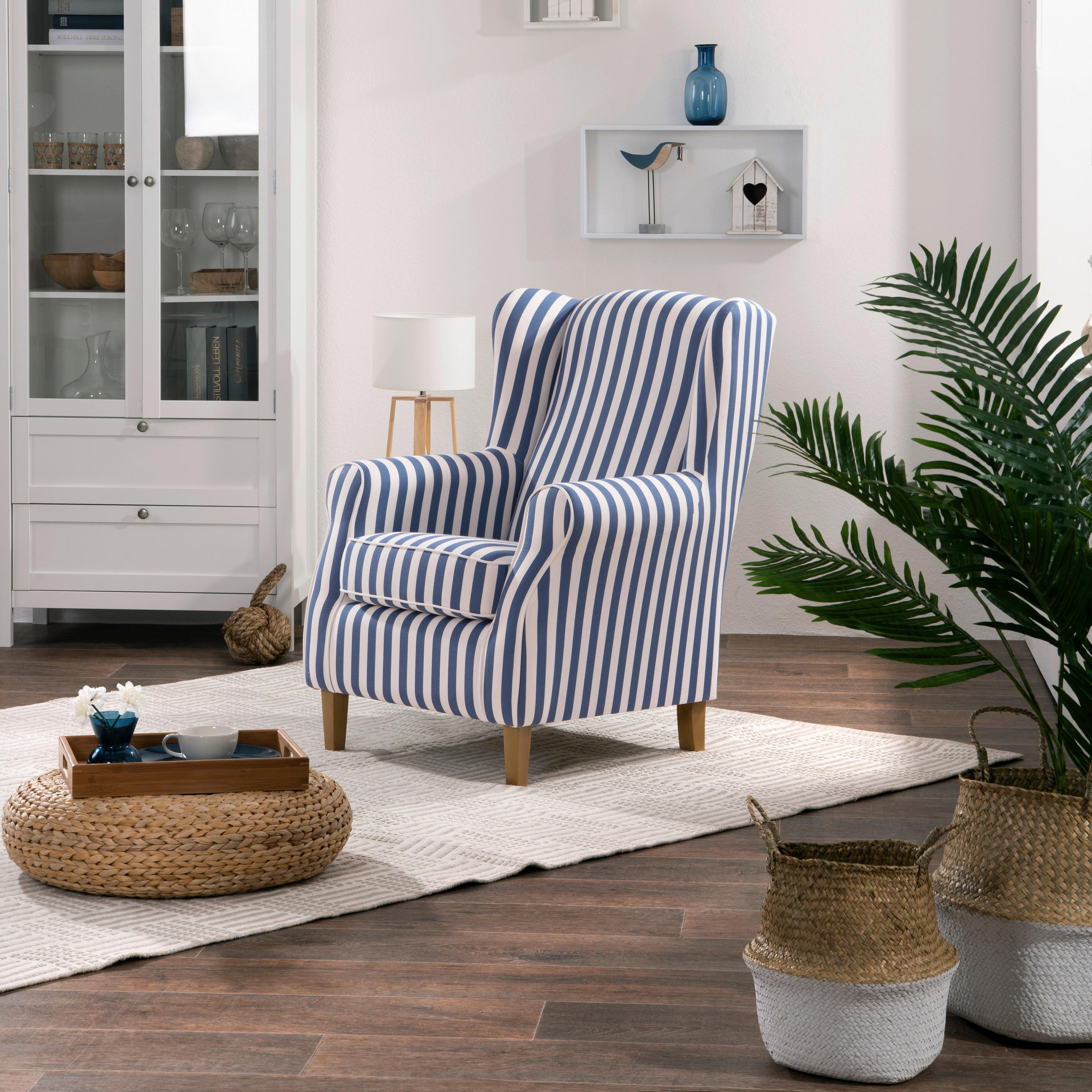 OHRENSESSEL Flachgewebe Blau, Weiß  - Blau/Eichefarben, KONVENTIONELL, Holz/Textil (77/103/86cm) - Max Winzer