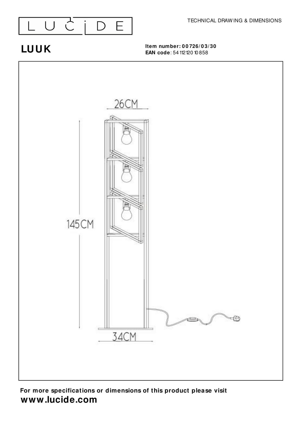STEHLEUCHTE 26/34/145 cm    - Schwarz, Design, Metall (26/34/145cm) - Lucide