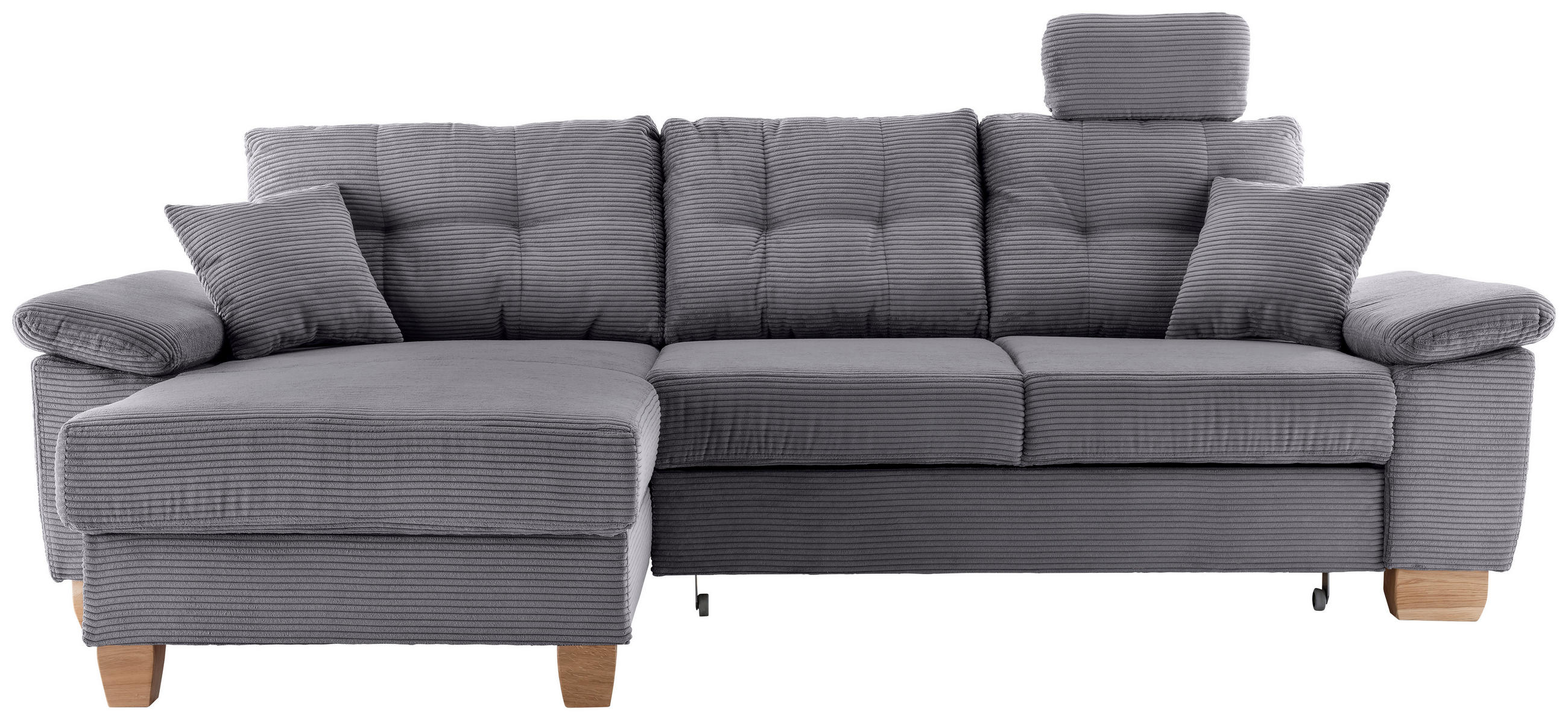ECKSOFA Grau Cord Bettkasten, Schlaffunktion, Sitztiefenverstellung, Kopfstütze, Liegefläche im Originalstoff  - Naturfarben/Grau, MODERN, Holz/Textil (176/270cm) - Livetastic