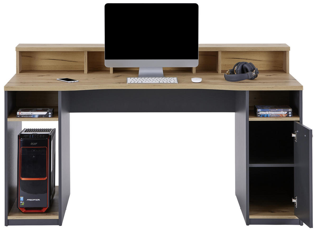 GAMING MIZA leseni material antracit, barve hrasta  - barve hrasta/antracit, Moderno, kovina/leseni material (160/92,4/70cm) - Carryhome