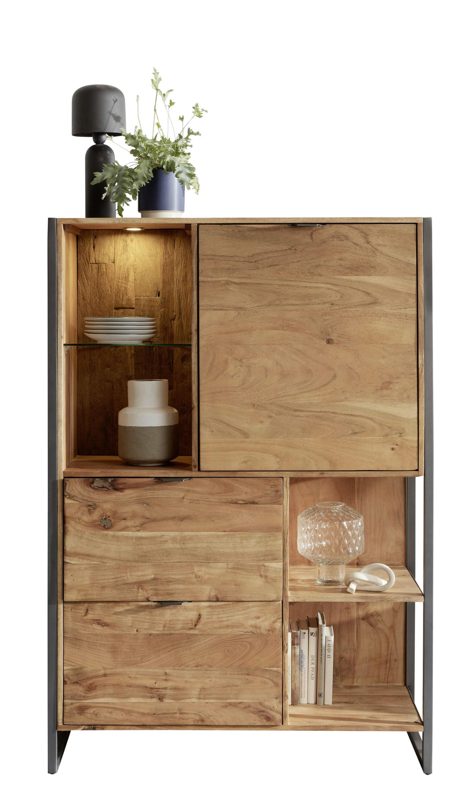 HIGHBOARD Akazie vollmassiv Anthrazit, Akaziefarben Beleuchtung, Trafo - Anthrazit/Akaziefarben, Basics, Glas/Holz (104/150/42cm) - Livetastic