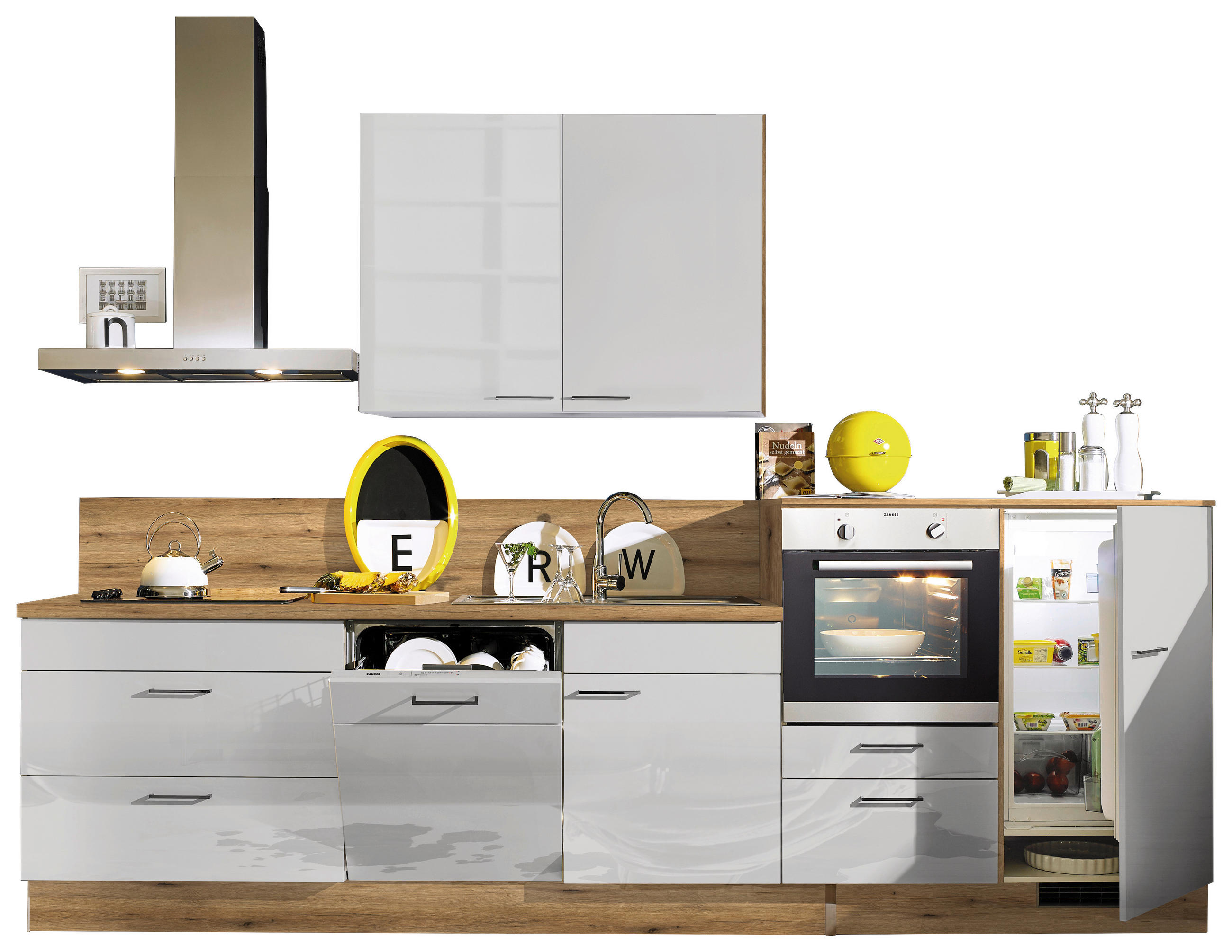 KÜCHENBLOCK 330 cm   in Eichefarben, Grau Hochglanz  - Eichefarben/Grau Hochglanz, Design, Holzwerkstoff/Metall (330cm) - Xora