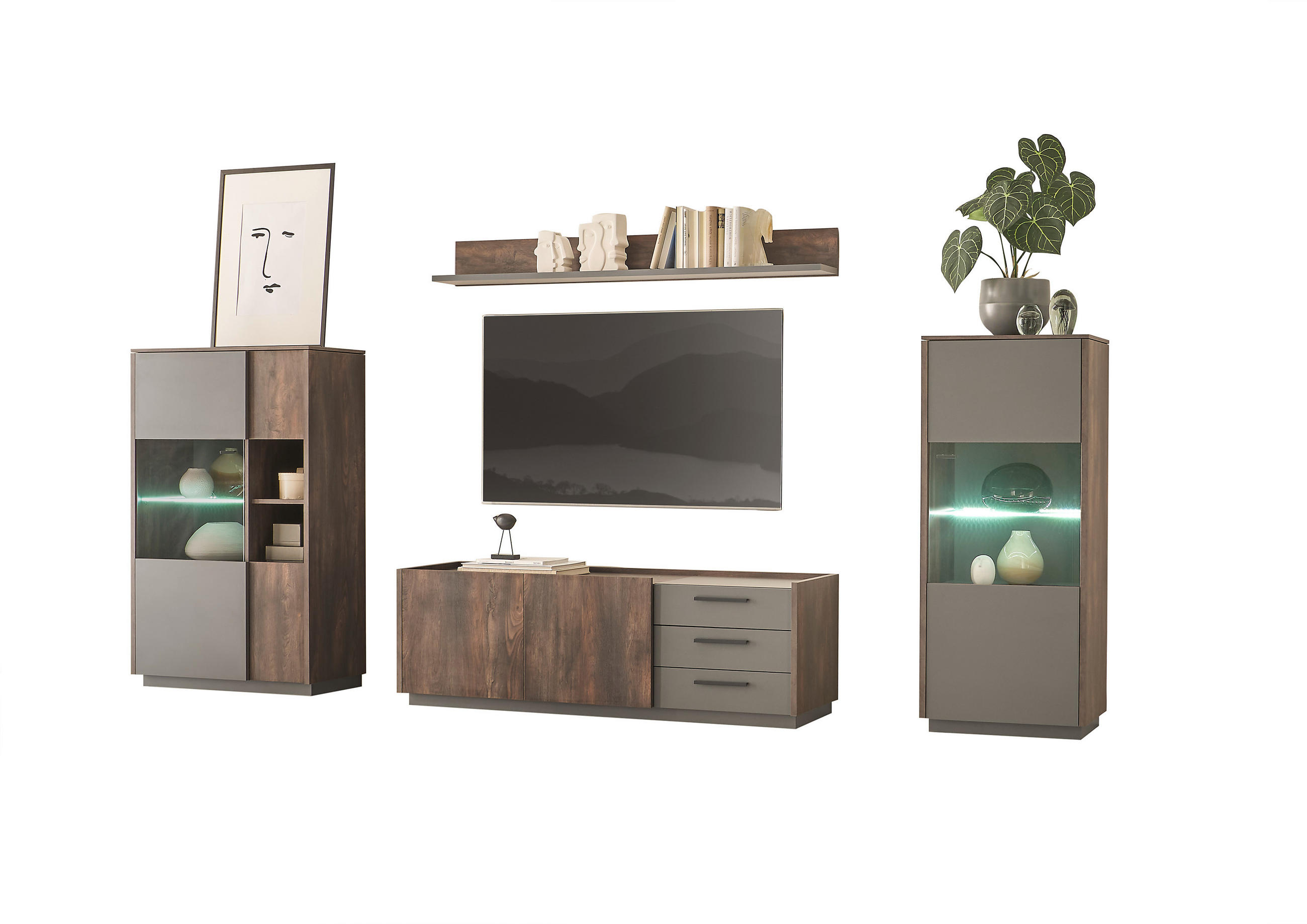 WOHNWAND 4-teilig  in Eichefarben, Anthrazit  327/170/45 cm  - Eichefarben/Anthrazit, Design, Glas/Holzwerkstoff (327/170/45cm) - MID.YOU