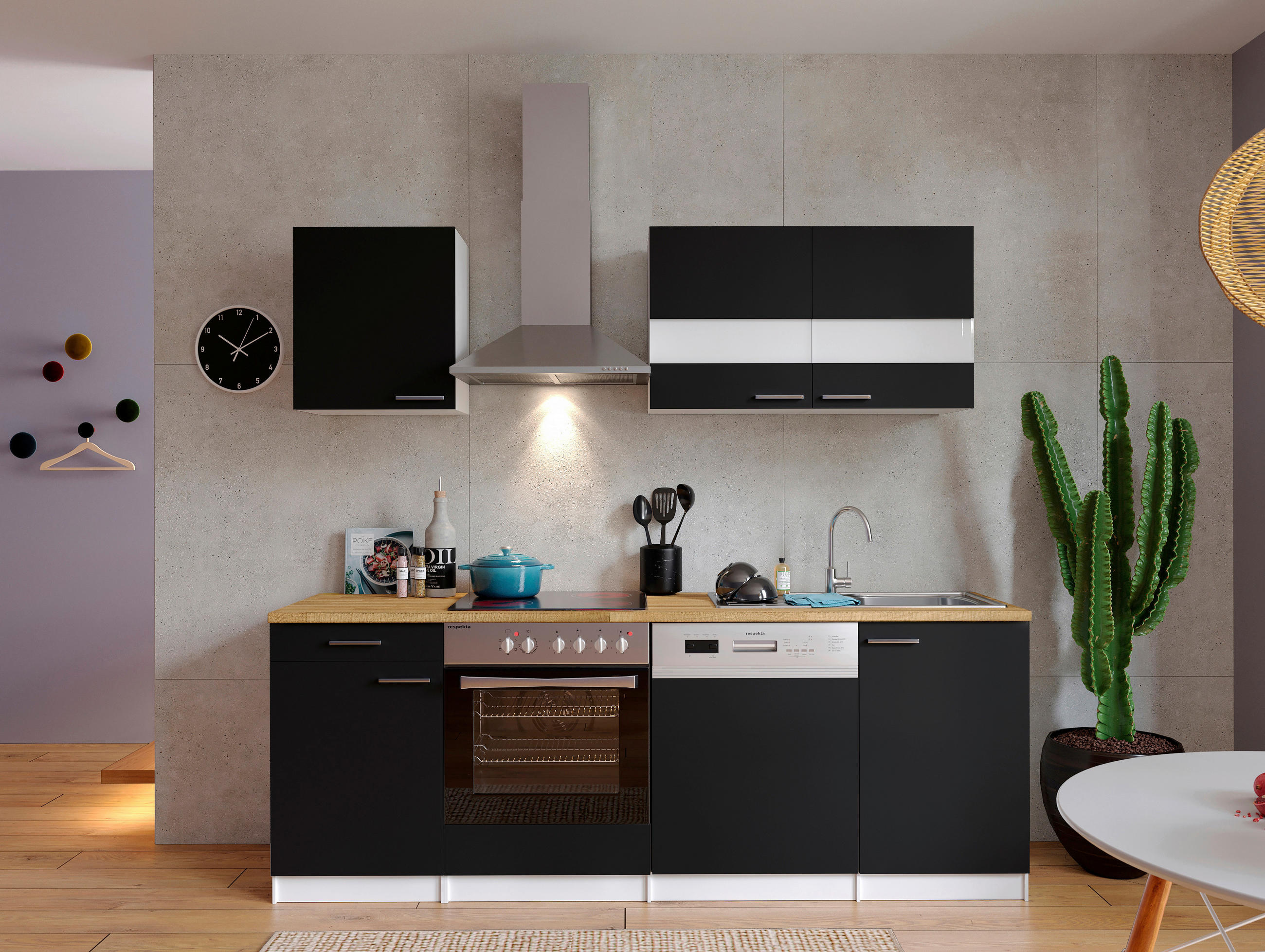 KÜCHENBLOCK 220 cm   in Schwarz  - Edelstahlfarben/Nussbaumfarben, Basics, Holzwerkstoff/Metall (220cm) - Respekta