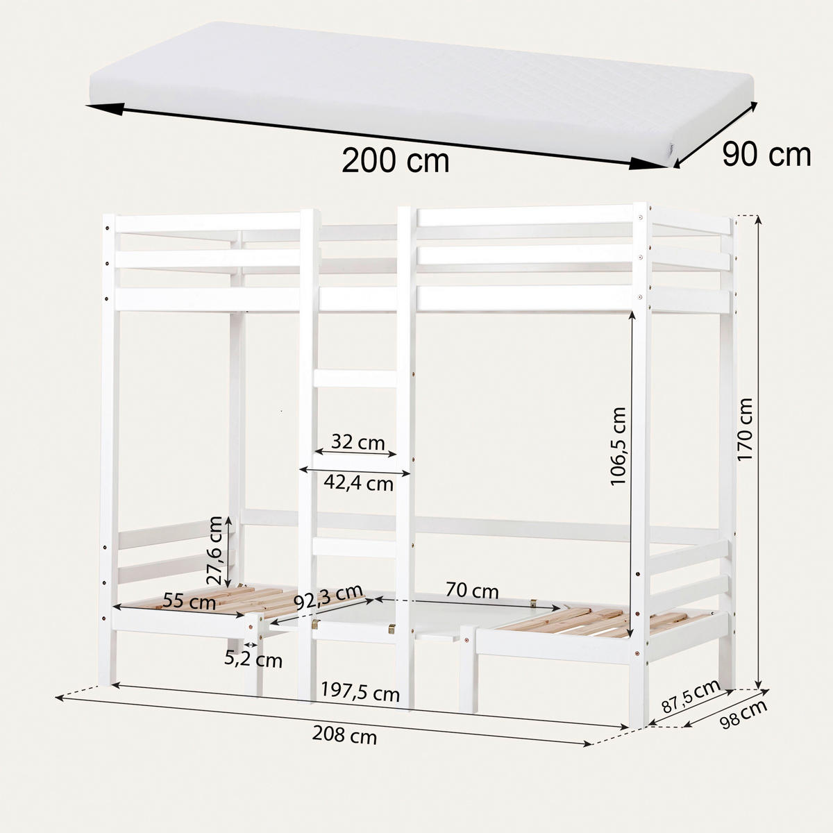 ETAGENBETT - Weiß, MODERN, Holz (90/200cm) - MID.YOU