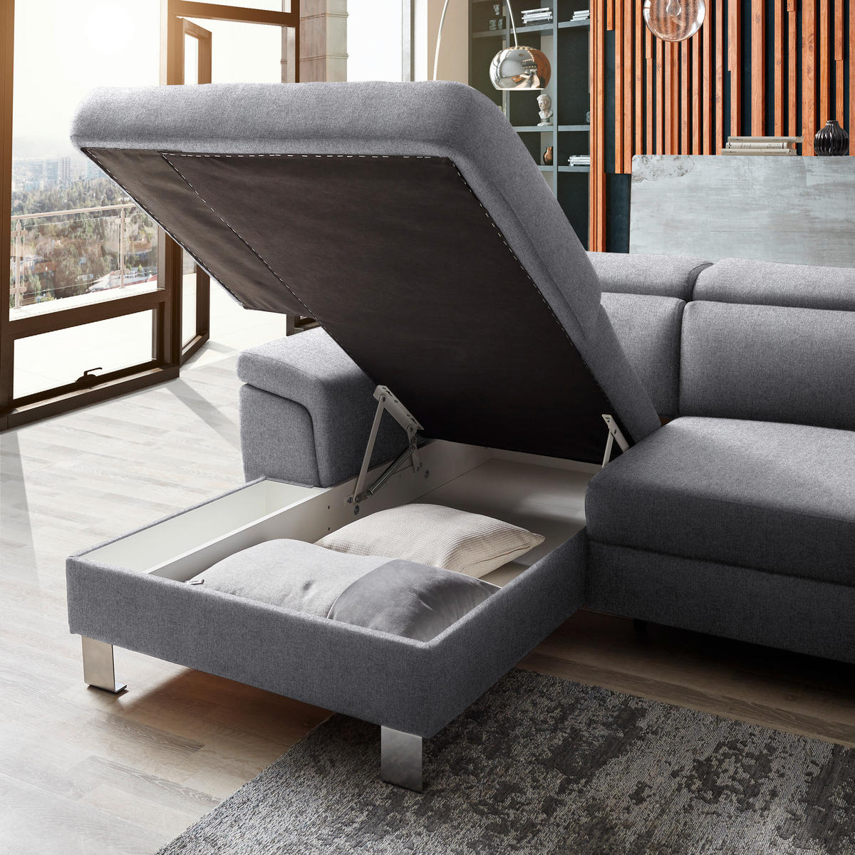 ECKSOFA inkl. Funktionen Hellgrau Webstoff  - Silberfarben/Hellgrau, Design, Textil/Metall (167/250cm) - Xora