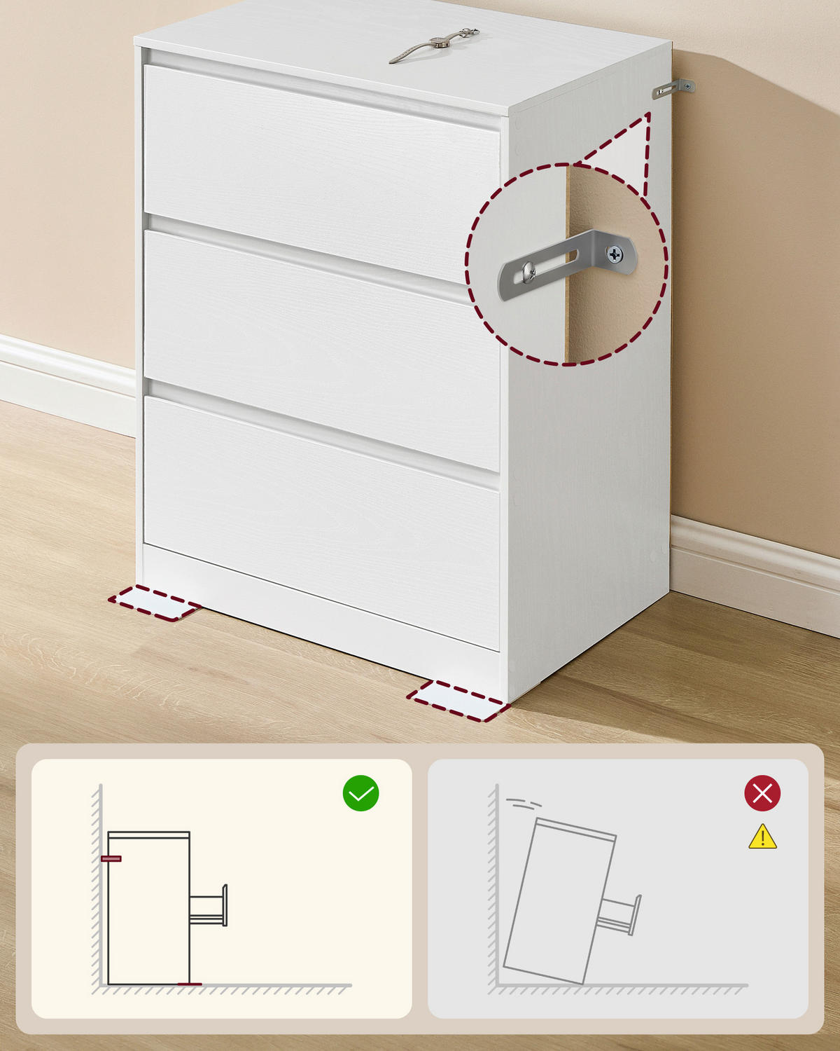 KOMMODE , 60/75/40 cm, 3 Schublade(n)  - Weiß, Trend, Holzwerkstoff (60/75/40cm) - Boxxx
