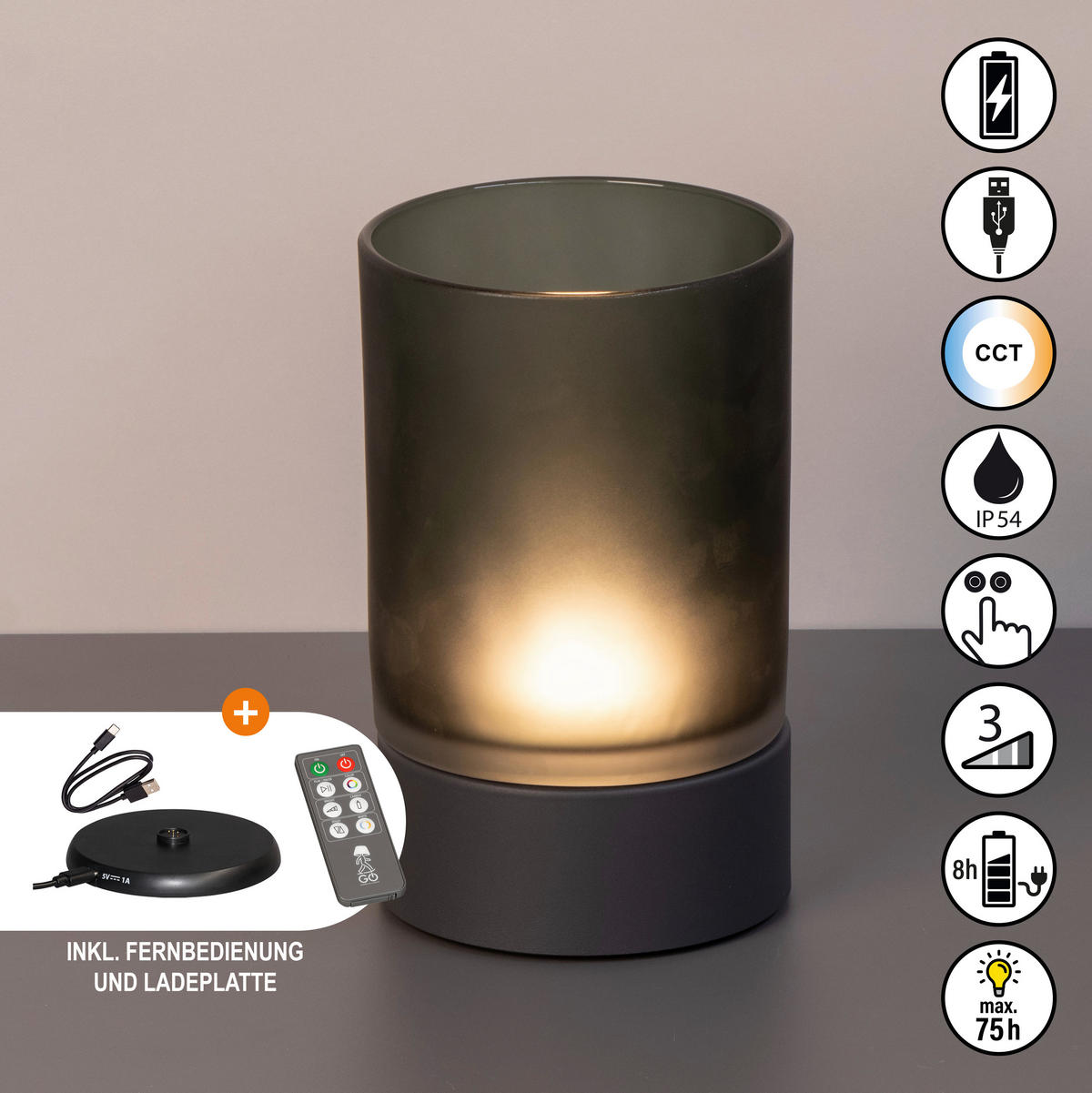 AKKU-TISCHLEUCHTE Ariva Pro 12/20 cm  - Salbeigrün/Hellgrau, Design, Glas/Metall (12/20cm)