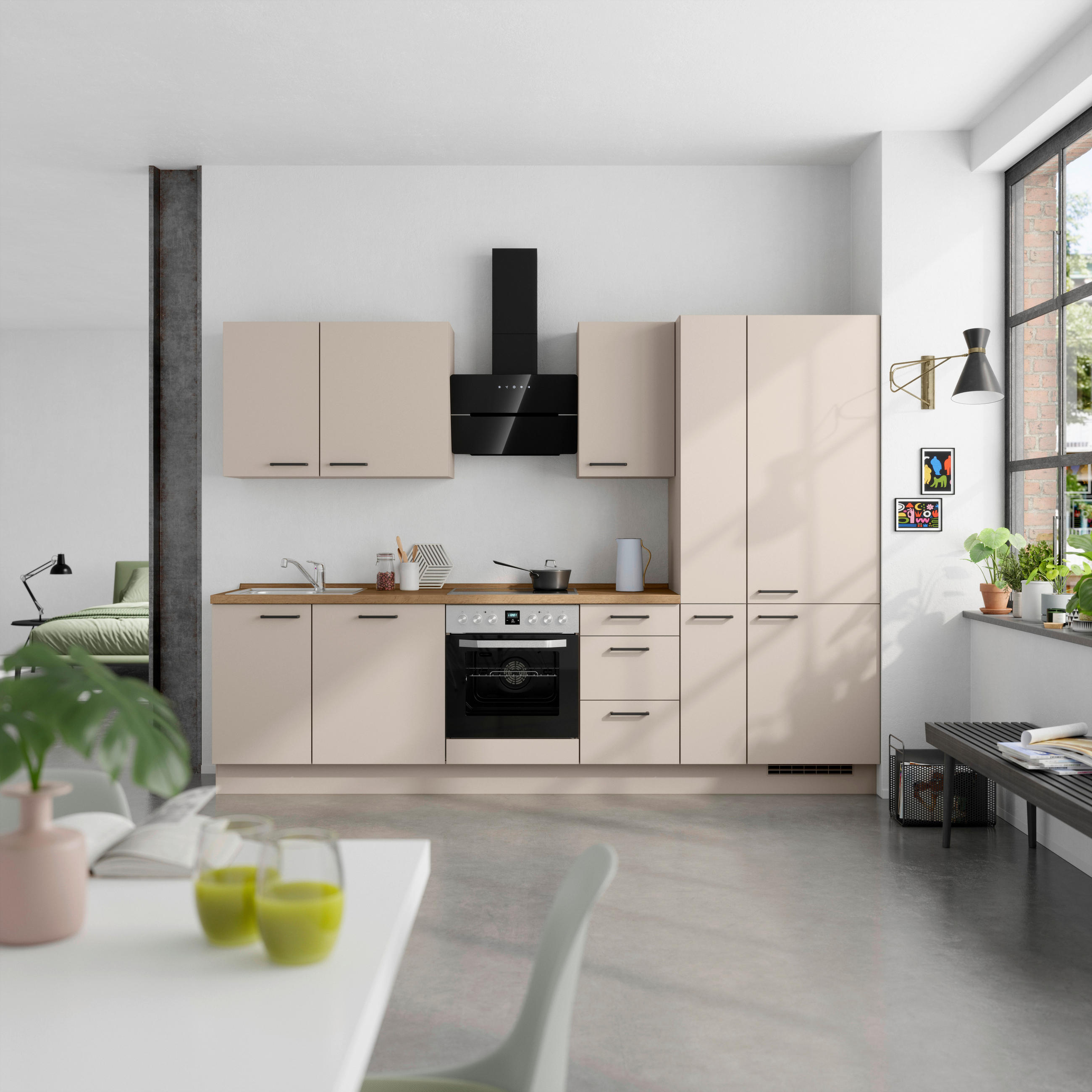 KÜCHENBLOCK Easytouch 300 cm  in Eichefarben, Sandfarben  - Sandfarben/Eichefarben, MODERN, Holzwerkstoff/Metall (300cm) - Nobilia