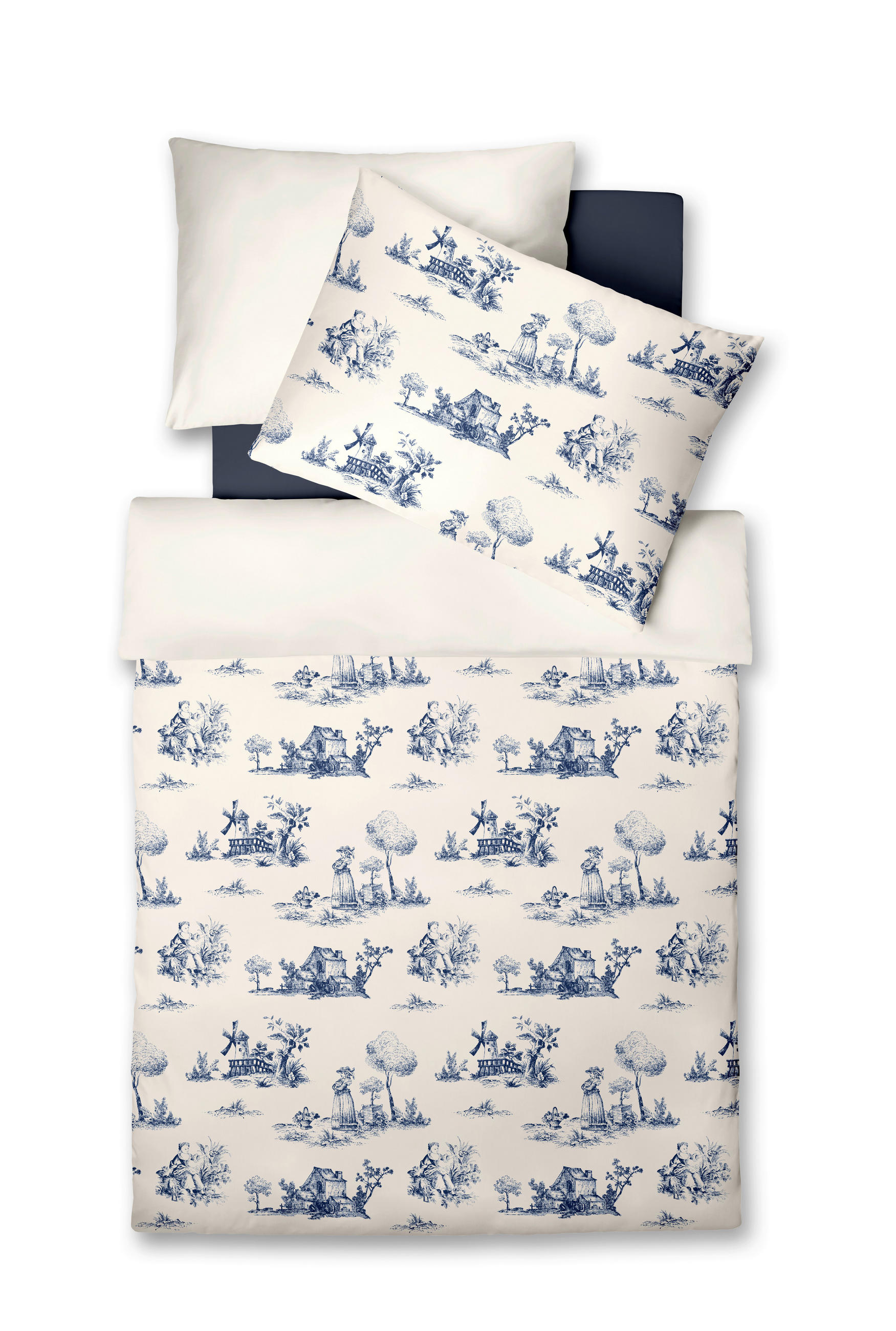 POVLEČENÍ, vzhled lnu, bílá, tmavě modrá, 140/200 cm - bílá/tmavě modrá, Design, textil (140/200cm) - Fleuresse