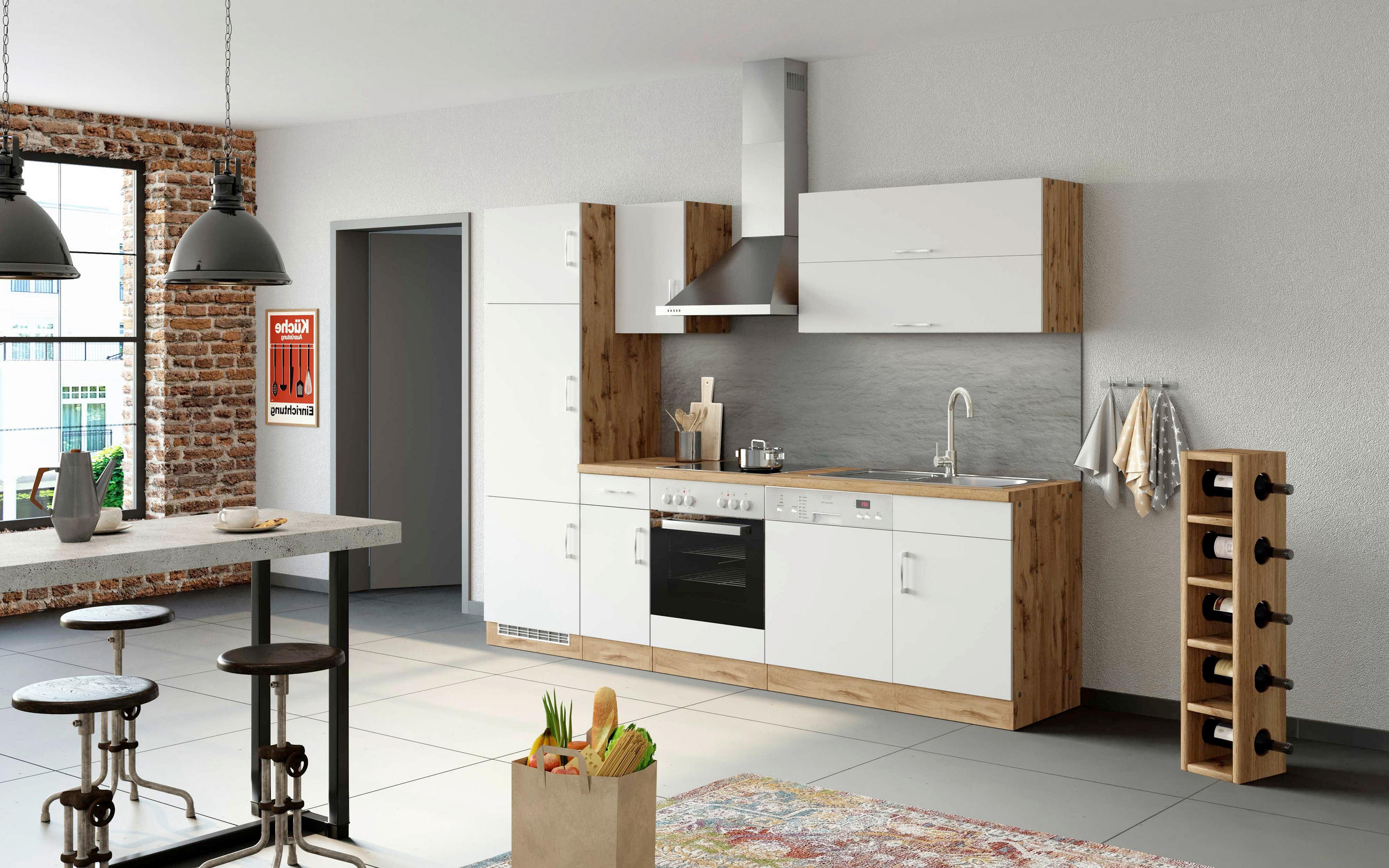 KÜCHENBLOCK 270 cm   in Weiß, Eiche Wotan  - Chromfarben/Eiche Wotan, MODERN, Holzwerkstoff/Metall (270cm) - Held