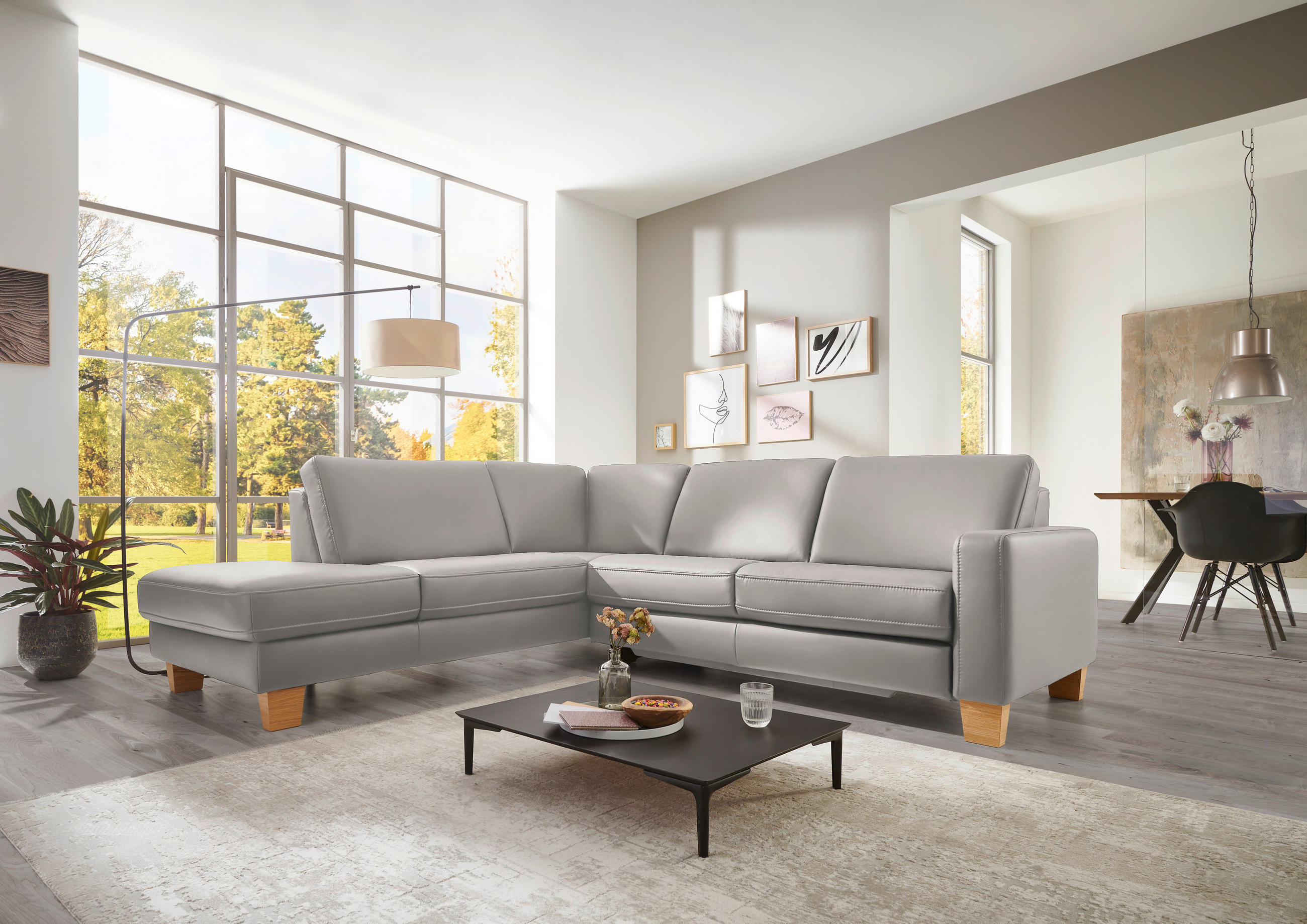 ECKSOFA in Echtleder Hellgrau  - Eiche Bianco/Hellgrau, Natur, Leder/Holz (235/257cm) - Valdera